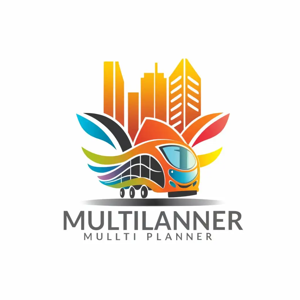 a logo design,with the text "MULTI
PLANNER", main symbol:Bus with colourful wings flying through a city,complex,clear background, round wheels