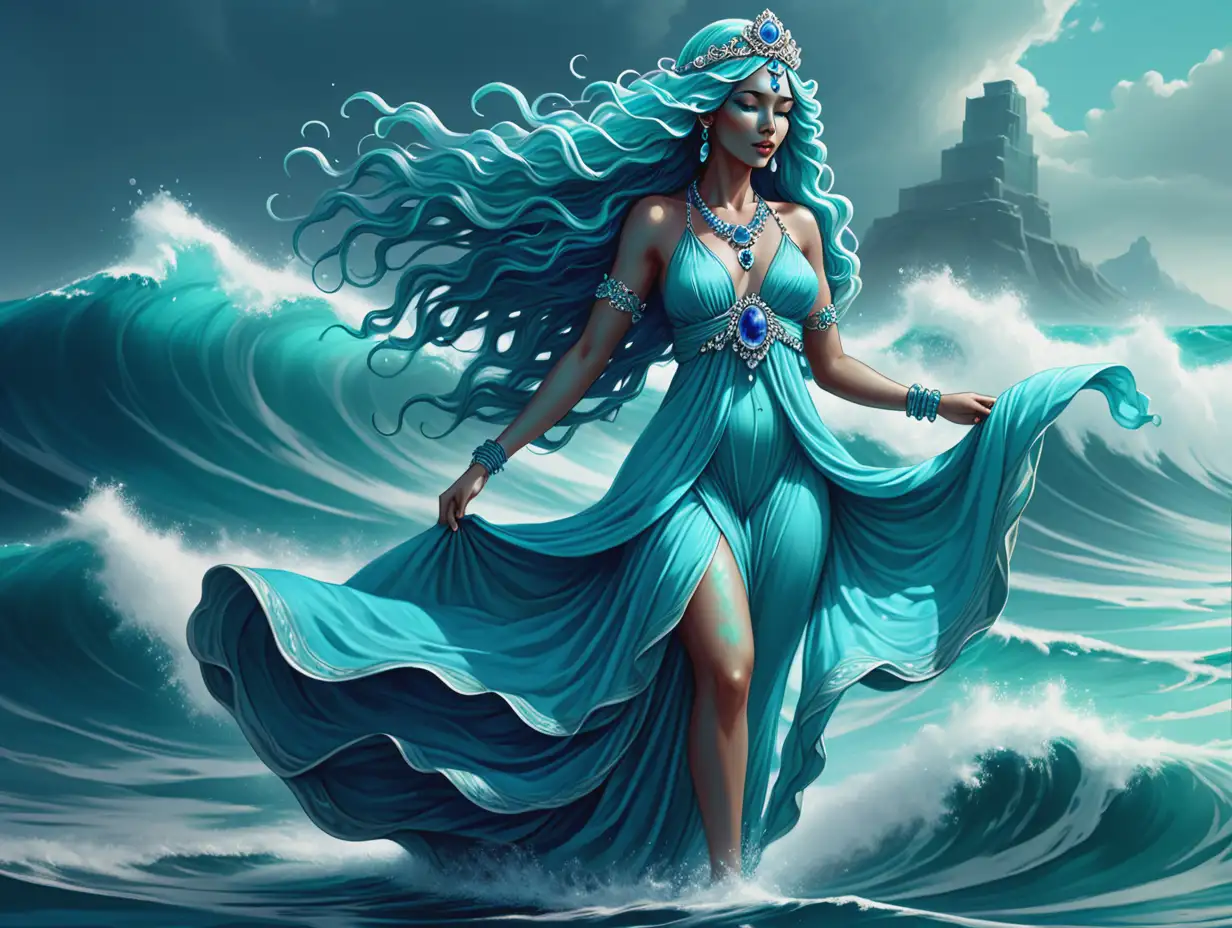 Loolanbu-Goddess-Guardian-of-Waters-in-Turquoise-Dress-and-Sapphire-Necklace-Walking-on-Ocean-Waves