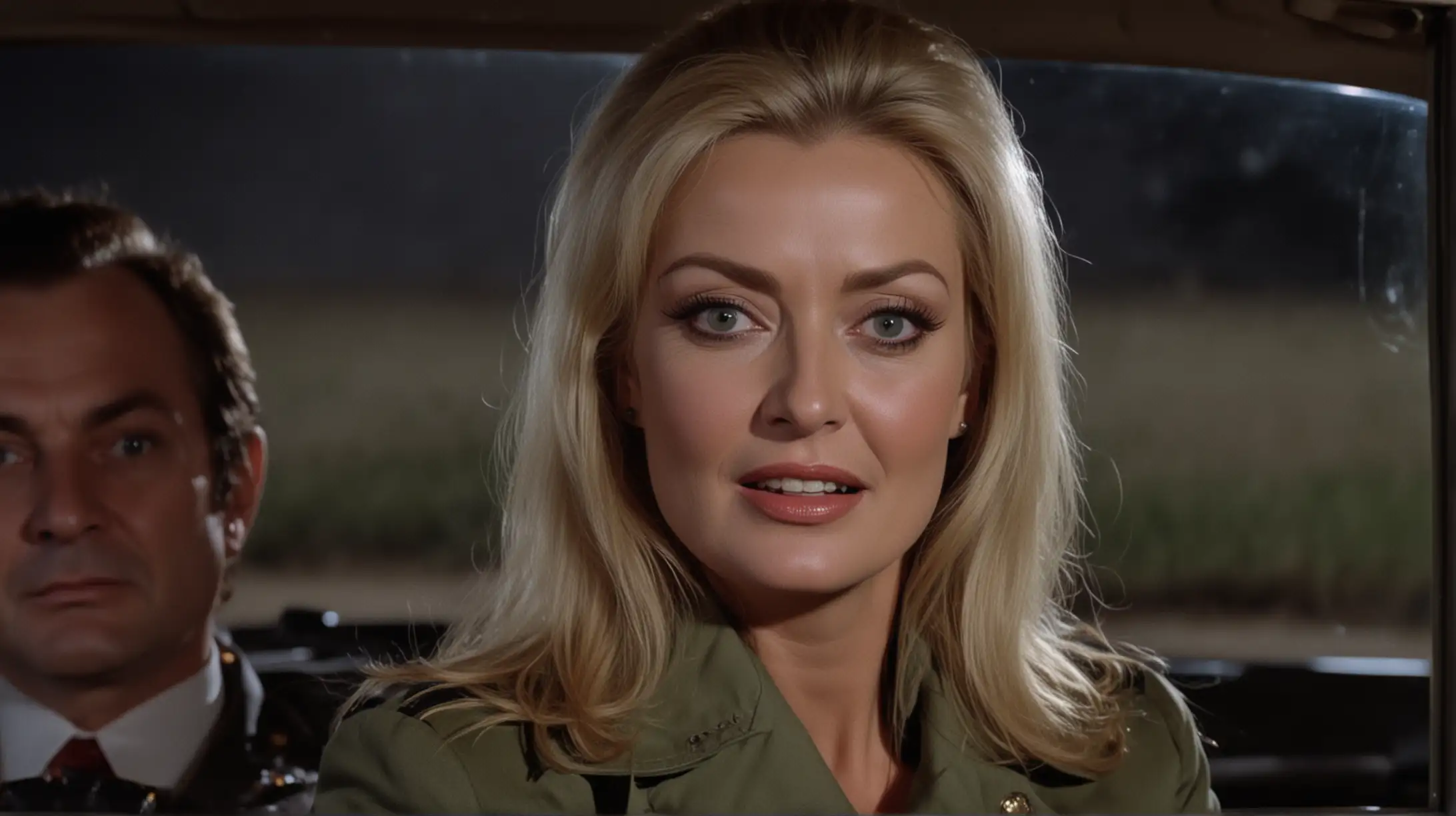 high ranking military Barbara Bouchet, 55 yo, blonde,  scar on face, military jacket, psycho smirk, angry, mad, furious, crazy eyes, backseat in presidential car, night, 70s crime movie style, super panavision 70