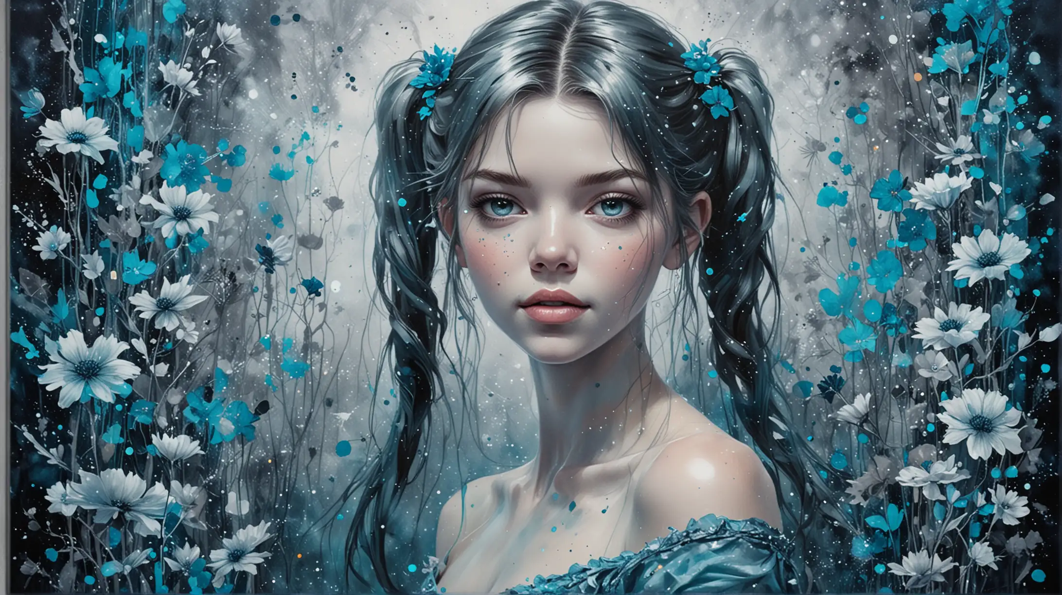 anime, watercolor, Anya Taylor-Joy, sexy elegant girl, pigtails, romance, love, textured oil painting of abstract art of florescent colors Turquoise and dark blue in silver dust and a magical turquoise glow with luminescent grey flowers among galaxies
