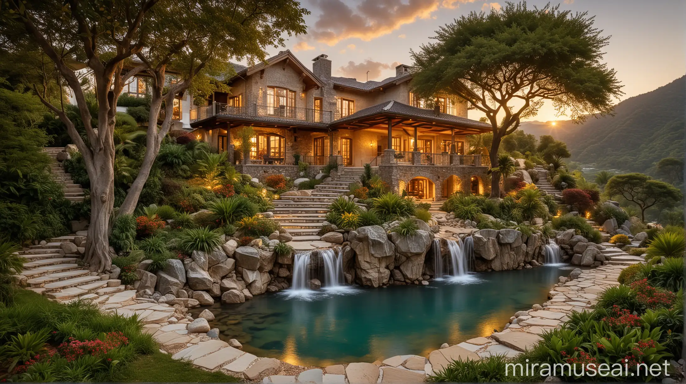Majestic Mountain Waterfall Sunset Elegant House by Crystal Clear Lagoon