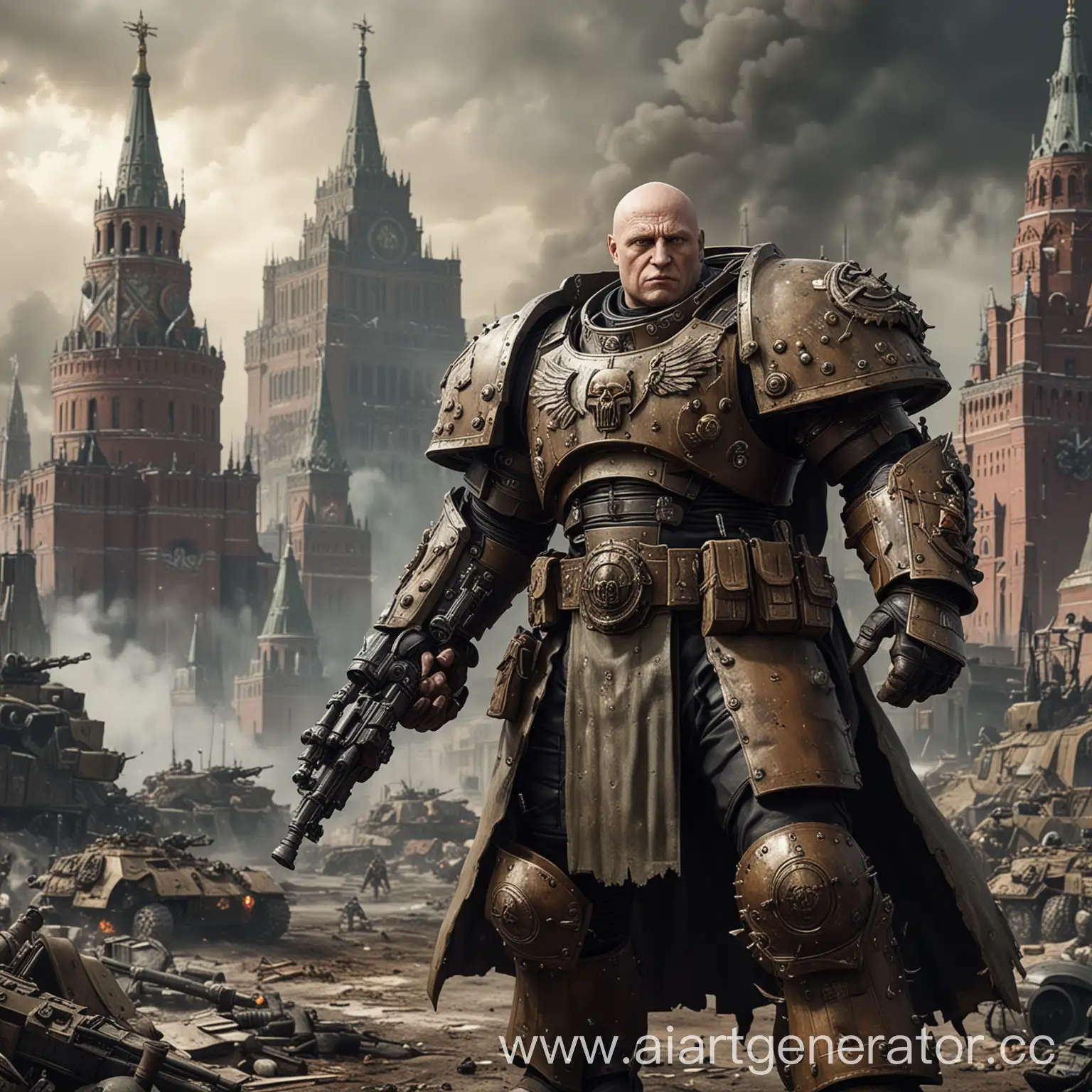 Пригожин в доспехах warhammer 40000 на фоне москвы