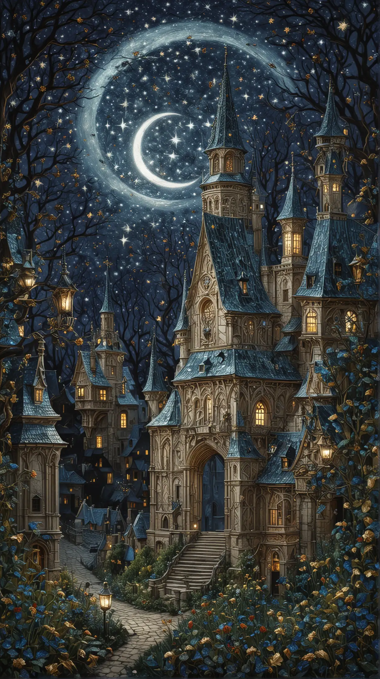 Enchanting Night Scene Champlev Art Illuminated by Moonlight