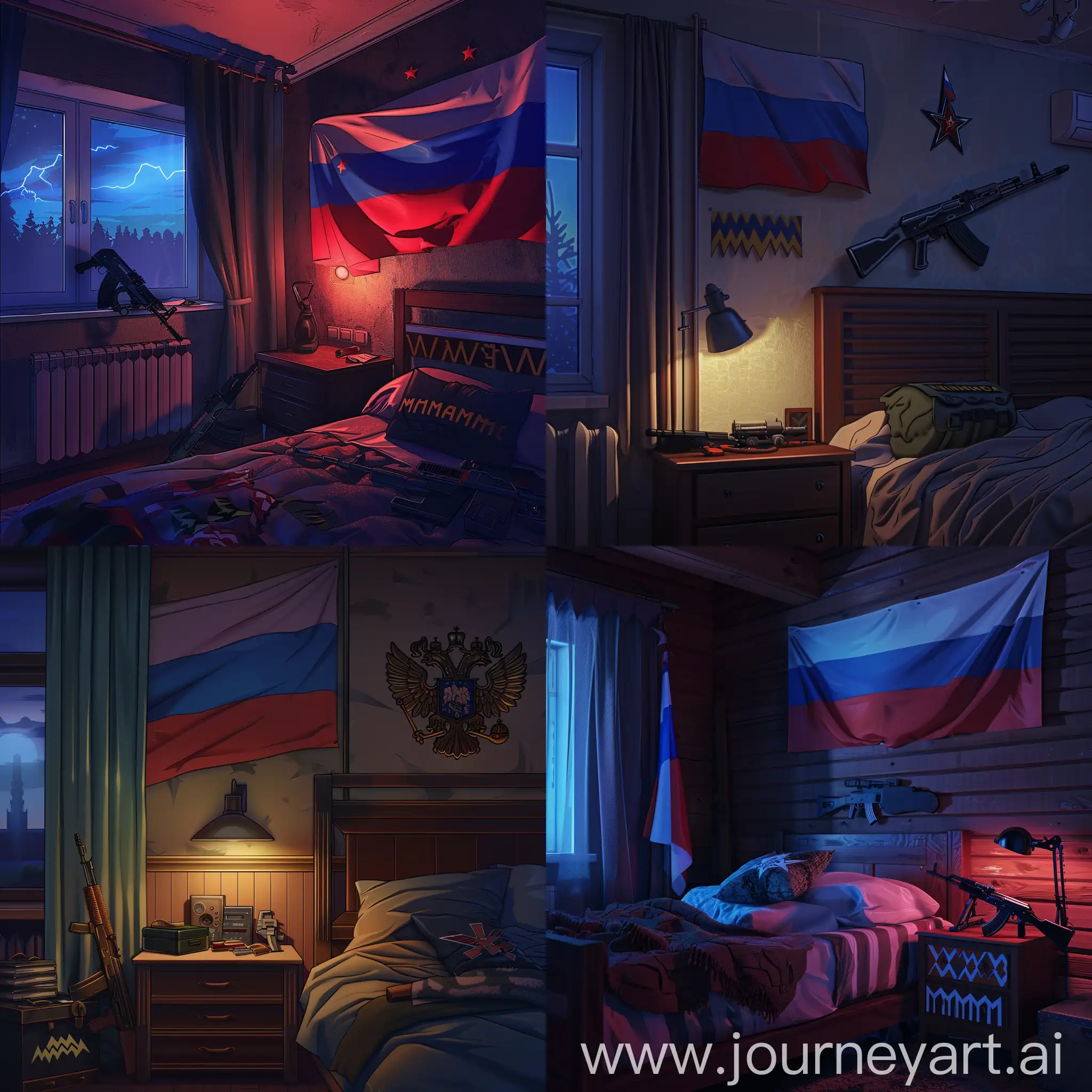 night, bedroom, Russian flag on the wall, Wagner PMC chevrons on the bedside table, AK-74 near the wall, high quality, anime style