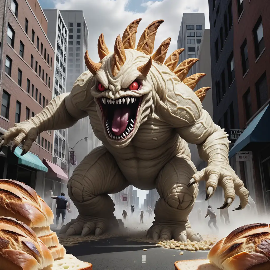 Sourdough Bread Monster Kaiju Rampaging Through City