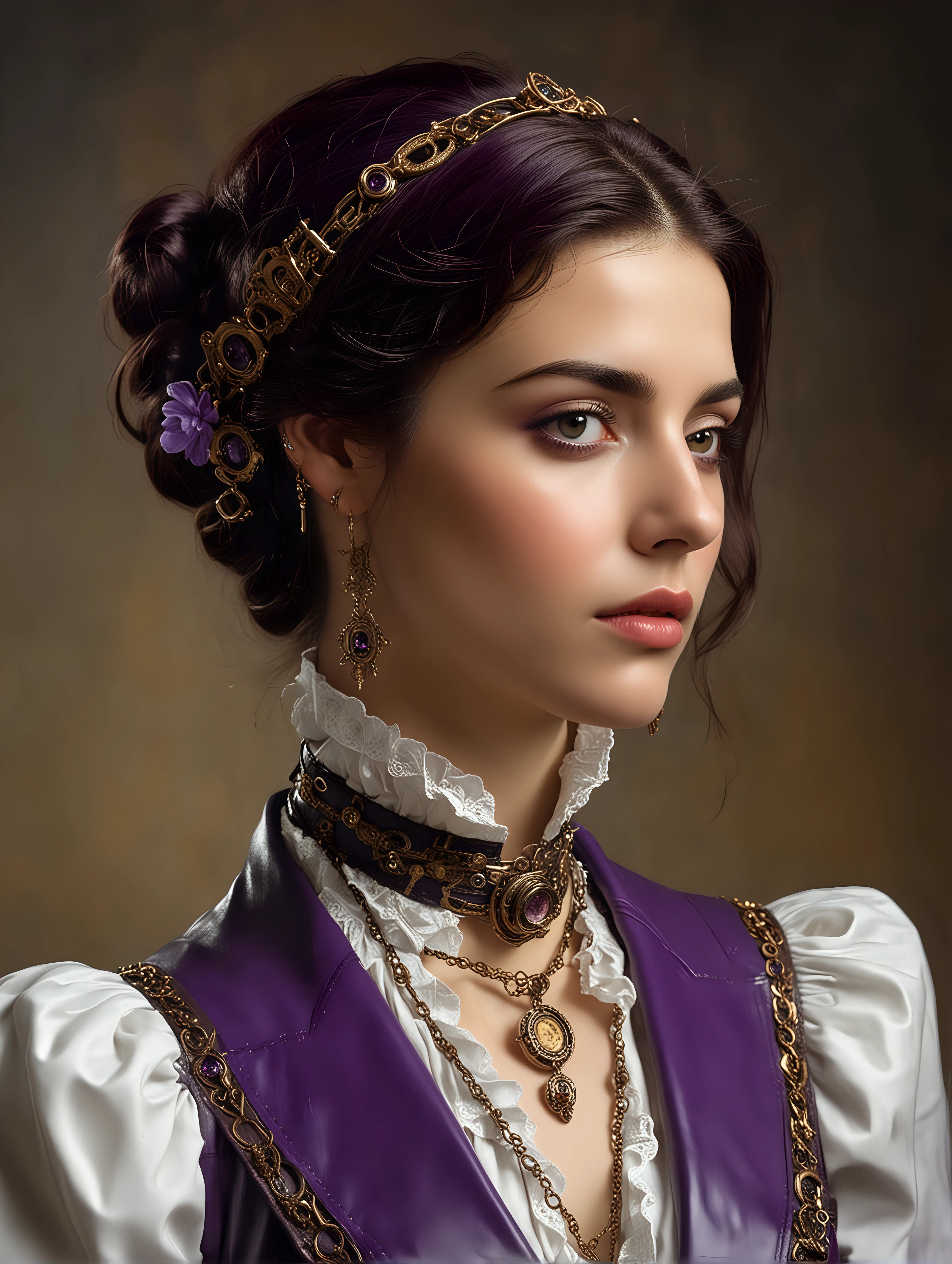 Portrait of a Noble Spanish Woman in Leather Suit with Steampunk Jewelry