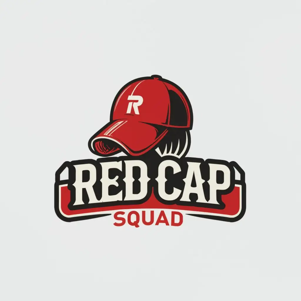 a logo design,with the text "Red Cap Squad", main symbol:red cap with black visor,complex,clear background