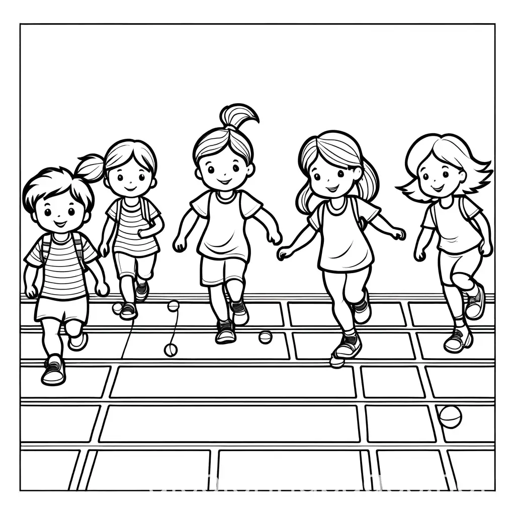 group of kids playing hop scotch, Coloring Page, black and white, line art, white background, Simplicity, Ample White Space. The background of the coloring page is plain white to make it easy for young children to color within the lines. The outlines of all the subjects are easy to distinguish, making it simple for kids to color without too much difficulty