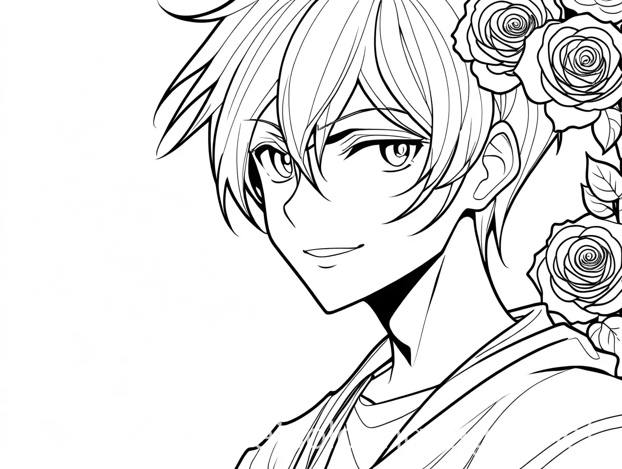 Anime boy cute fangs roses professional lineart, Coloring Page, black and white, line art, white background, Simplicity, Ample White Space
