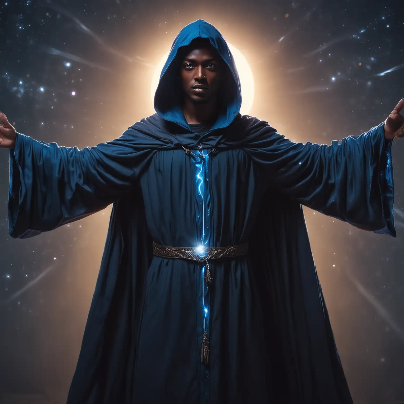 Tall dark skinned galatic being with light blue eyes, dressed in a dark blue hooded wizard robe, standing with arms outreached with celestial bright lights and sun behind it.