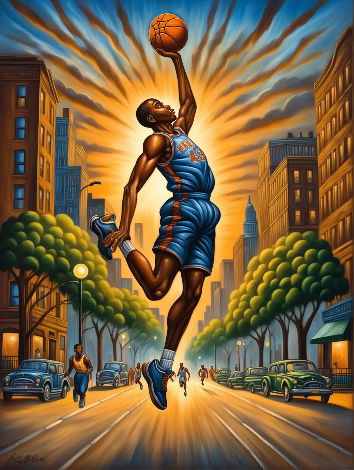 Creating oil paintings in the style artist I’m Ernie Barnes and a basketball player African-American playing ball in the city in the park by myself jumping through the air. Oh no beautiful evening.