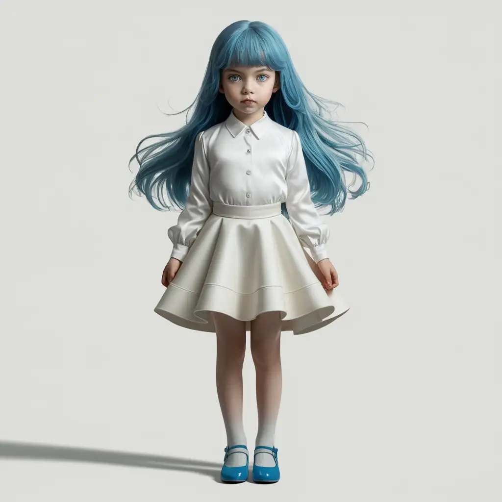 girl, blue long hair, blue eyes, white long sleeved blouse, white short skirt, blue shoes, full body picture