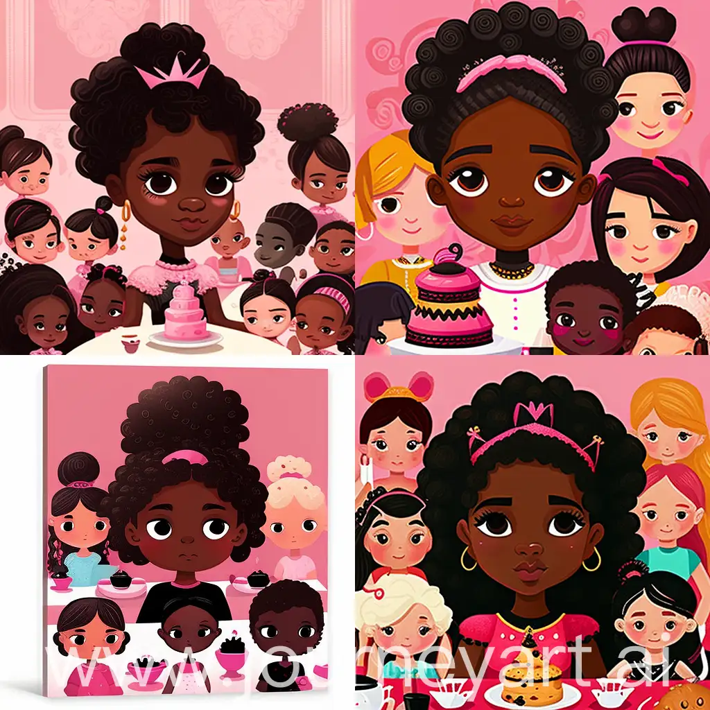 Black Cartoon princess, with braids in her hair, sitting with friends boys and girls, boys at the tea party and girls at party, tea party, hot pink background , toddler , fancy dress, birthday poster.