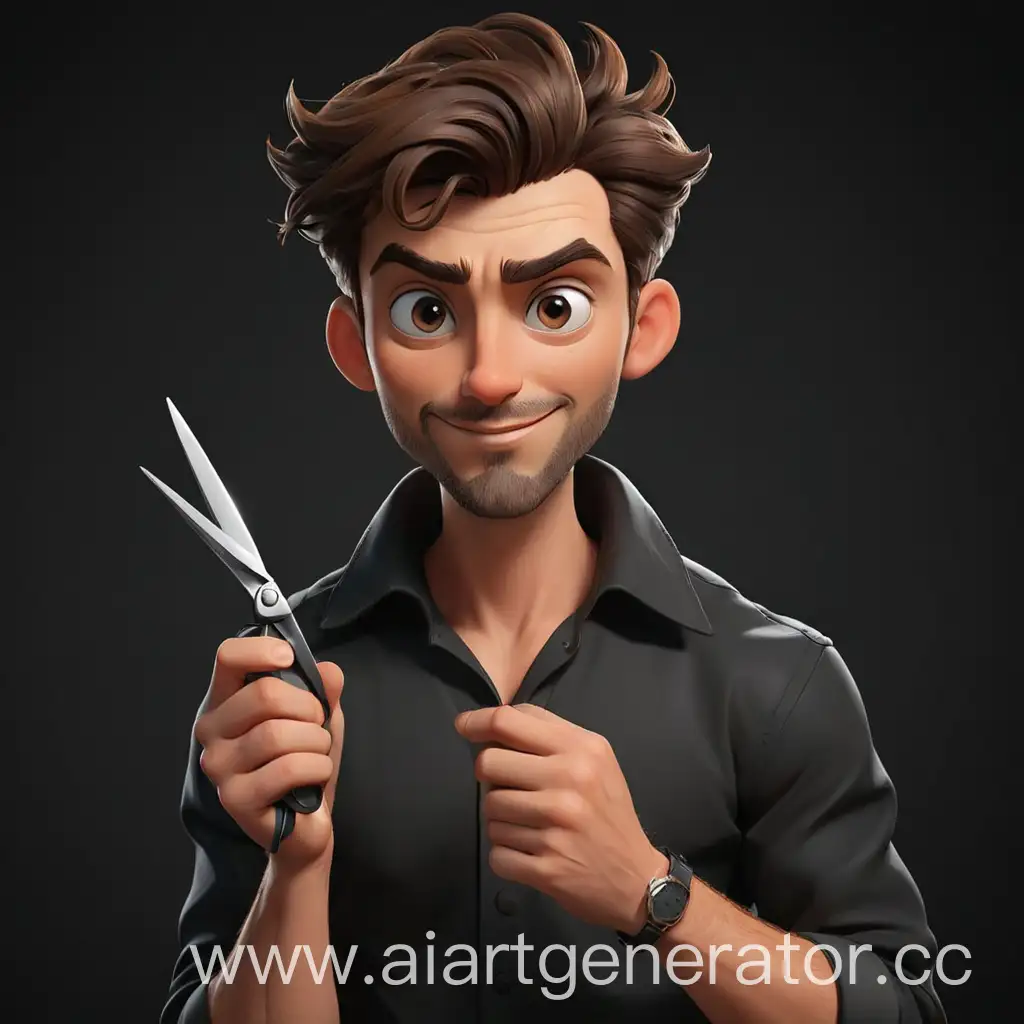 Cartoon-Man-Holding-Scissors-Stylish-Character-Illustration-on-Dark-Background