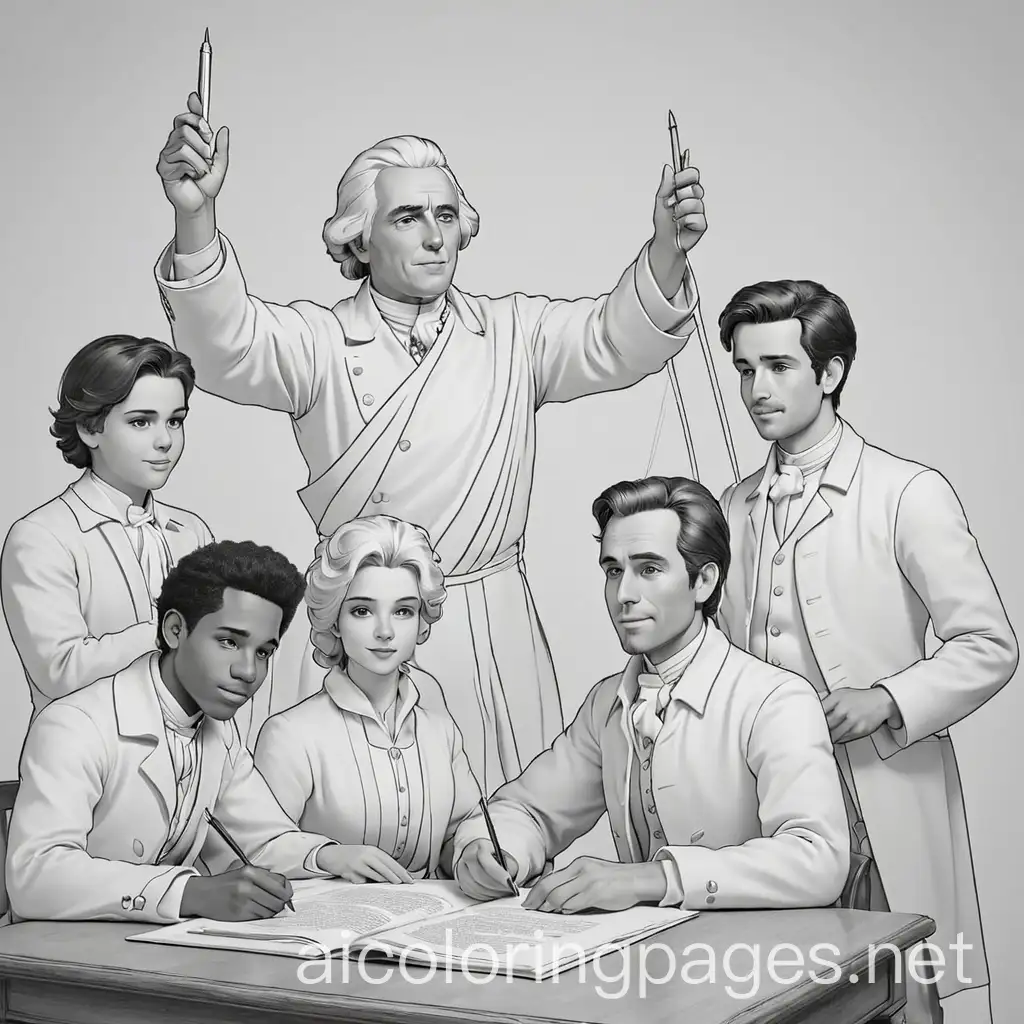 a coloring page with ample spaces to color,kids coloring page black and white

men signing the declaration on independendence in ultra difinition style , Coloring Page, black and white, line art, white background, Simplicity, Ample White Space. The background of the coloring page is plain white to make it easy for young children to color within the lines. The outlines of all the subjects are easy to distinguish, making it simple for kids to color without too much difficulty
