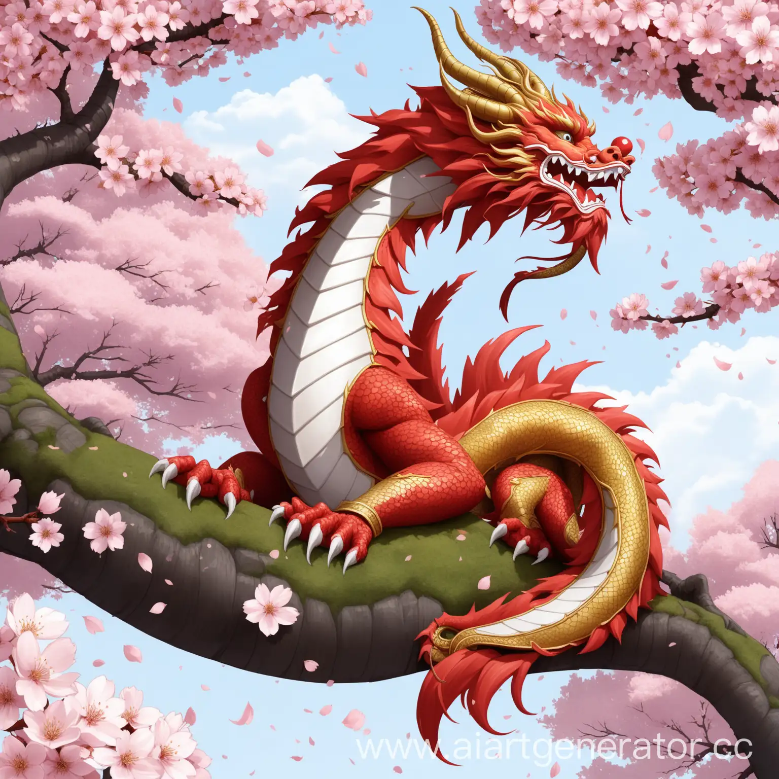 Китайский дракон, большого размера, отдыхает на цветущем сакуре