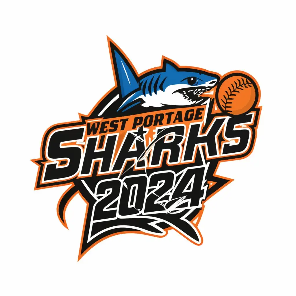 a logo design,with the text "West Portage Sharks 2024", main symbol:Little League Softball, Orange Softball, Shark, 2024, Blue, white and black,Minimalistic,clear background
