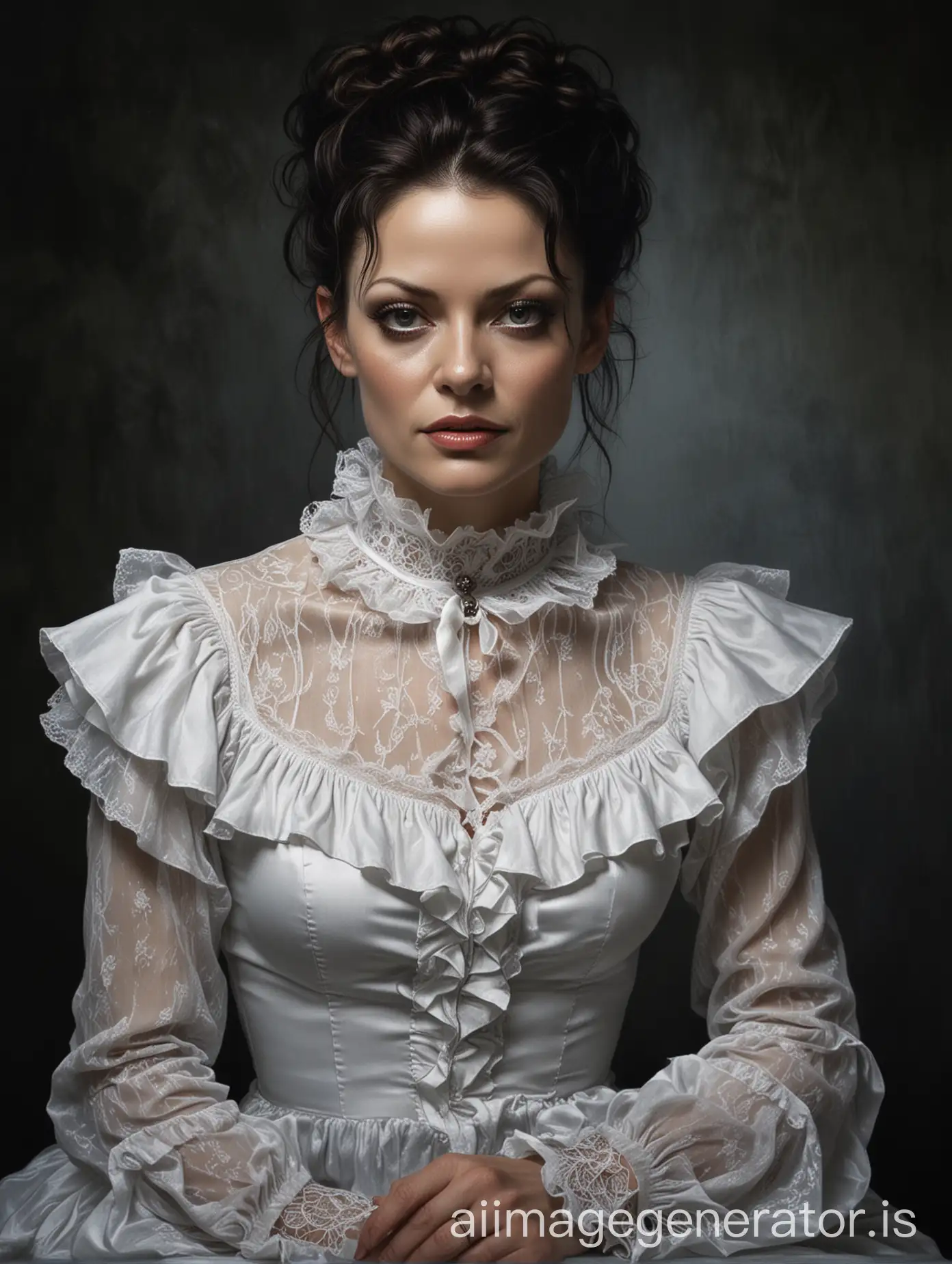 luis royo inspired dark art, Michelle Gomez face with white eyes, no makeup, serious face, wearing white long sleeve blouse with ruffles and lace with a white round collar, portrait, bright morning, bare neck, plain black backdrop, frontlight, sitting on a black satin block, updo hair