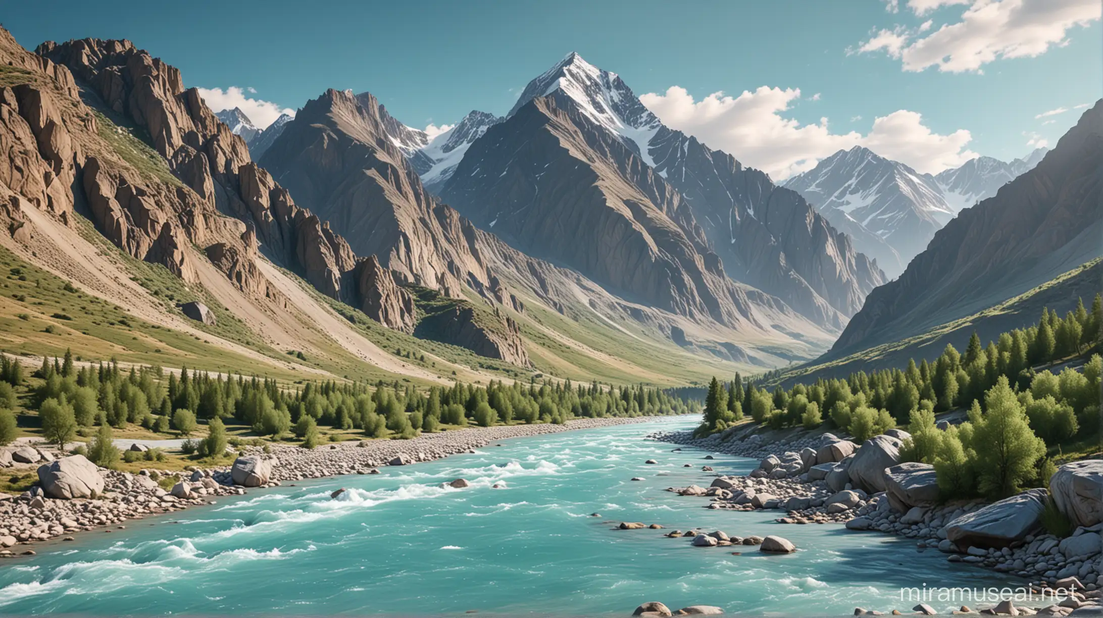Altai, Bulukha mountain close-up, summer, Katun river, turquoise river, hyperalism, photorealism, ultra-high quality, detailed, 8K, vector illustration, clip-art