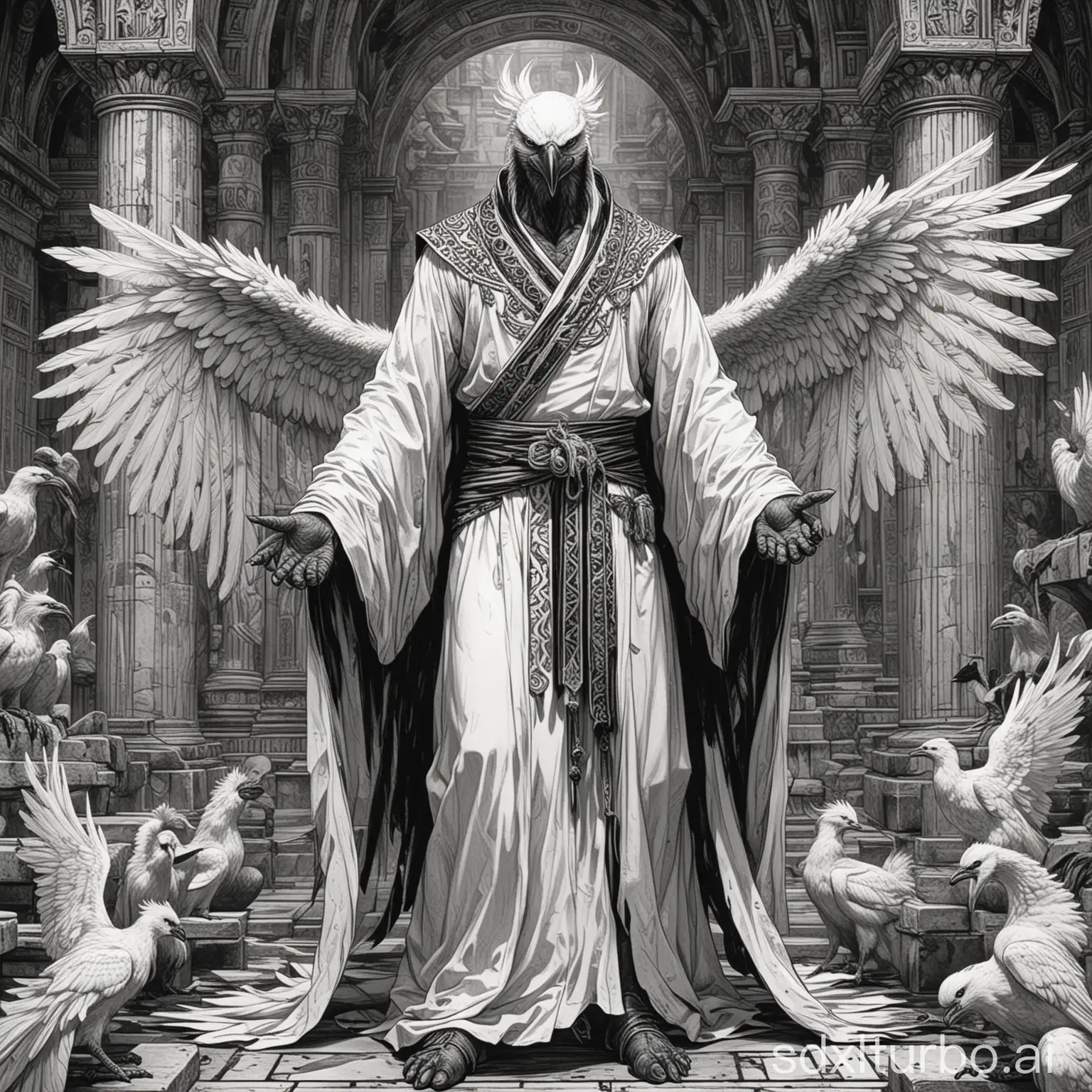 Vintage-Black-and-White-Comic-Art-Aarakocra-Male-in-Temple-Robes-with-Exaggerated-Expression