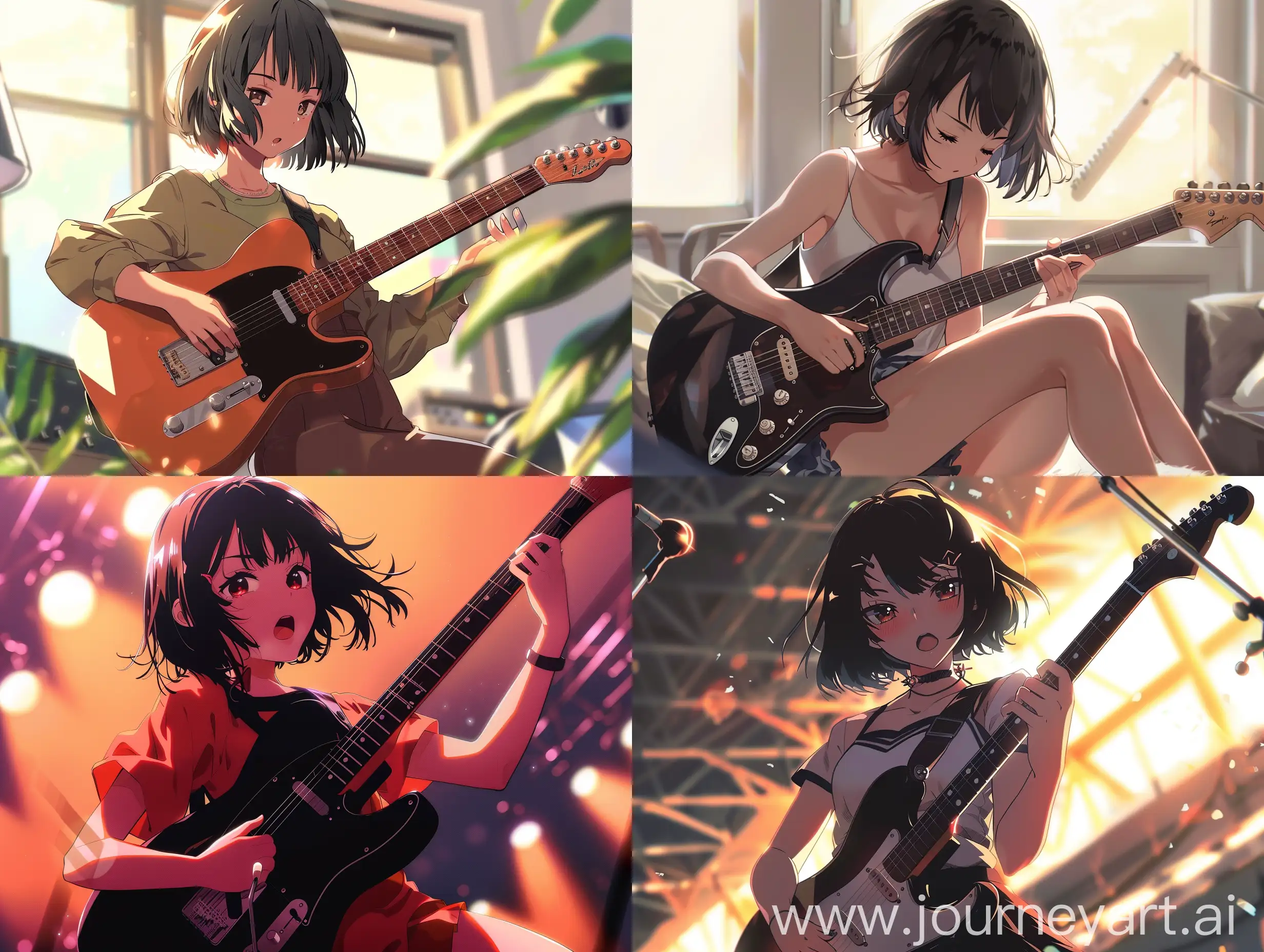 Anime girl with short black hair plays guitar