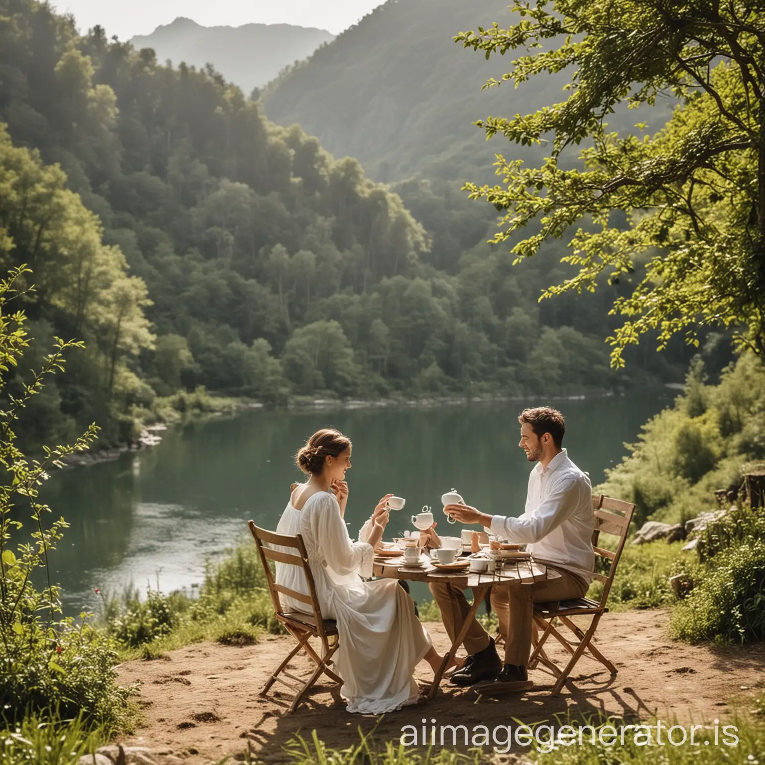 couple in scenic beauty taking tea