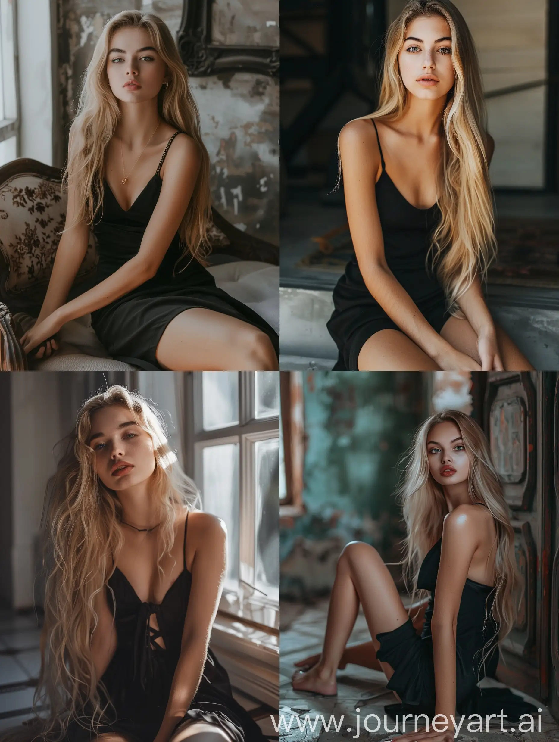 Young-Influencer-with-Long-Blond-Hair-in-School-Setting-Black-Dress-and-Makeup