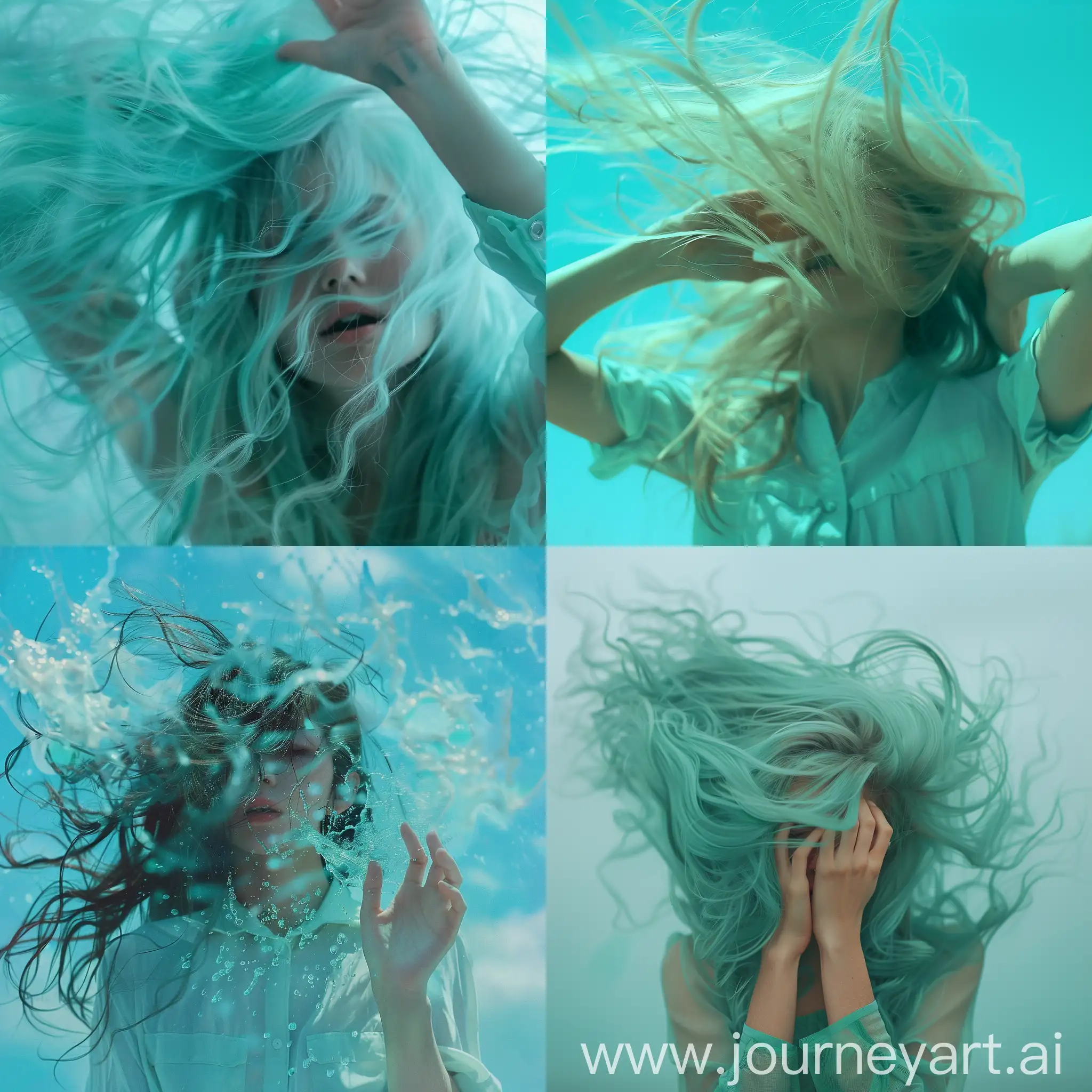 Воздух, ветер, девушка, волосы, руки, красота, эстетика, мятный, голубой