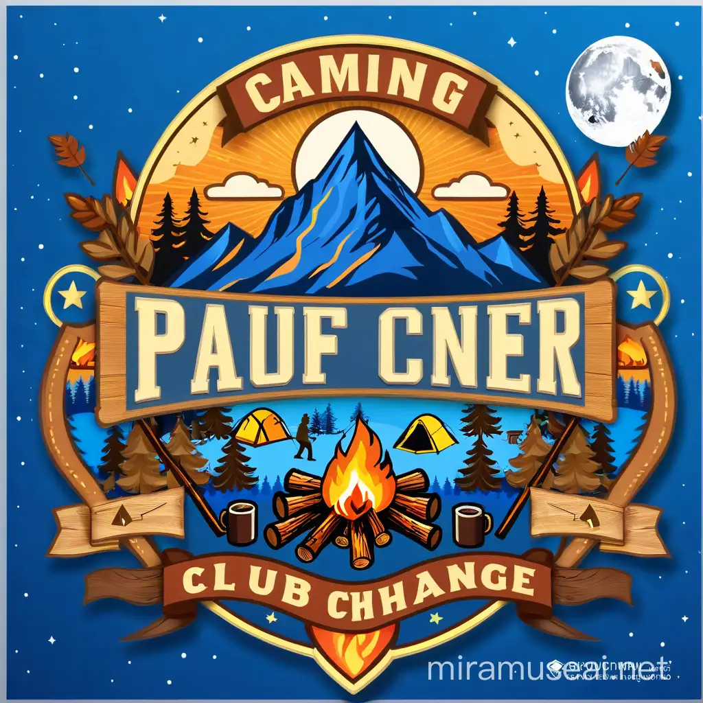 Pin design for a club change mountain with a open tent and insert design in the middle keep the scene of camping area at night with a bonfire but smaller the bonfire and bigger the other objects.