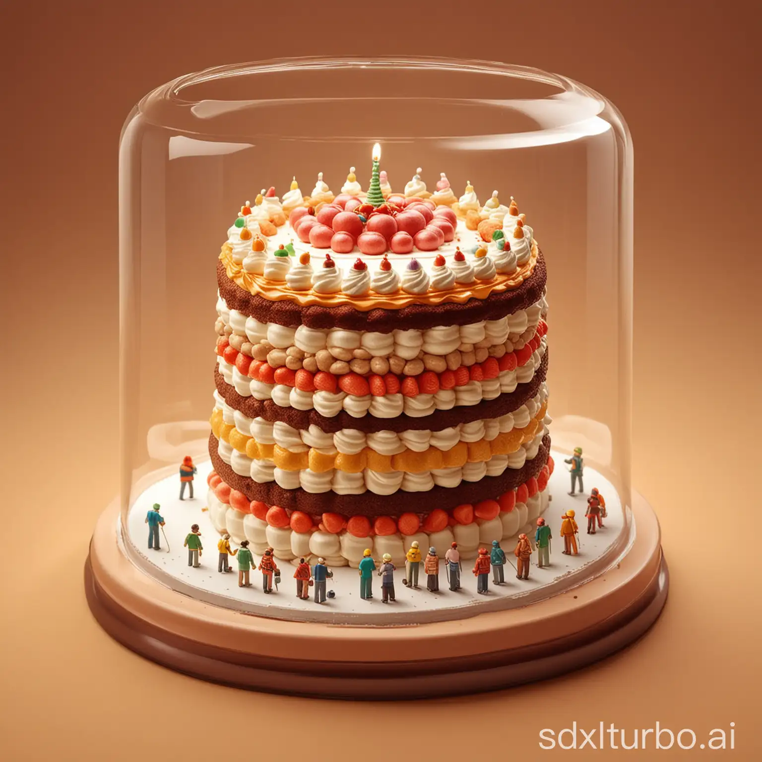 Prompt: A miniature model with a huge 3 layers cake in the center. Several employees making big cakes inside and outside a big glass, isometric view, 3d rendering, c4d, blender, OC renderer, bright colors, studio lighting, brown background, creating a 3d effect