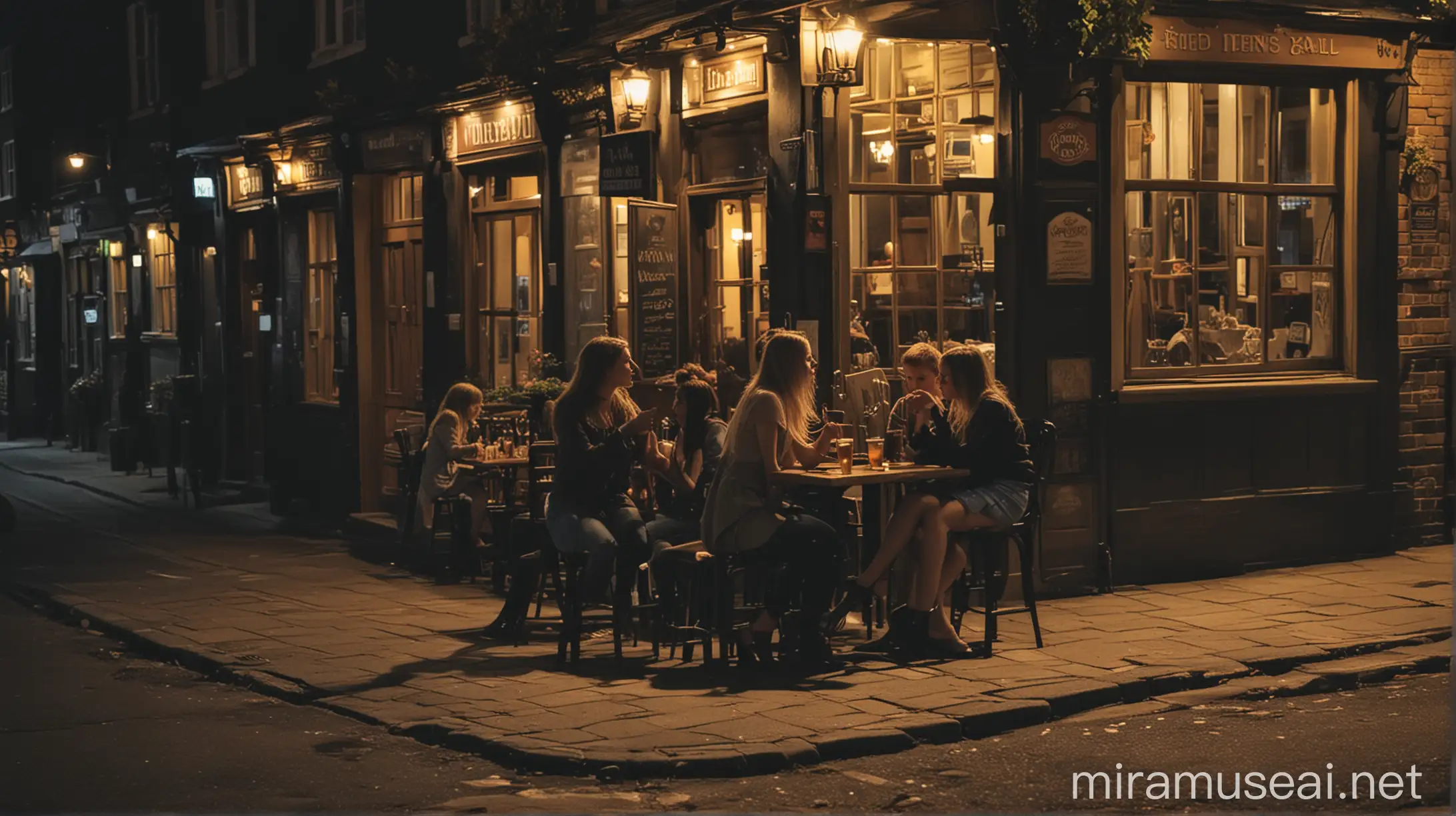 make two girls and a boy
 sitting outside a pub at night drinking
