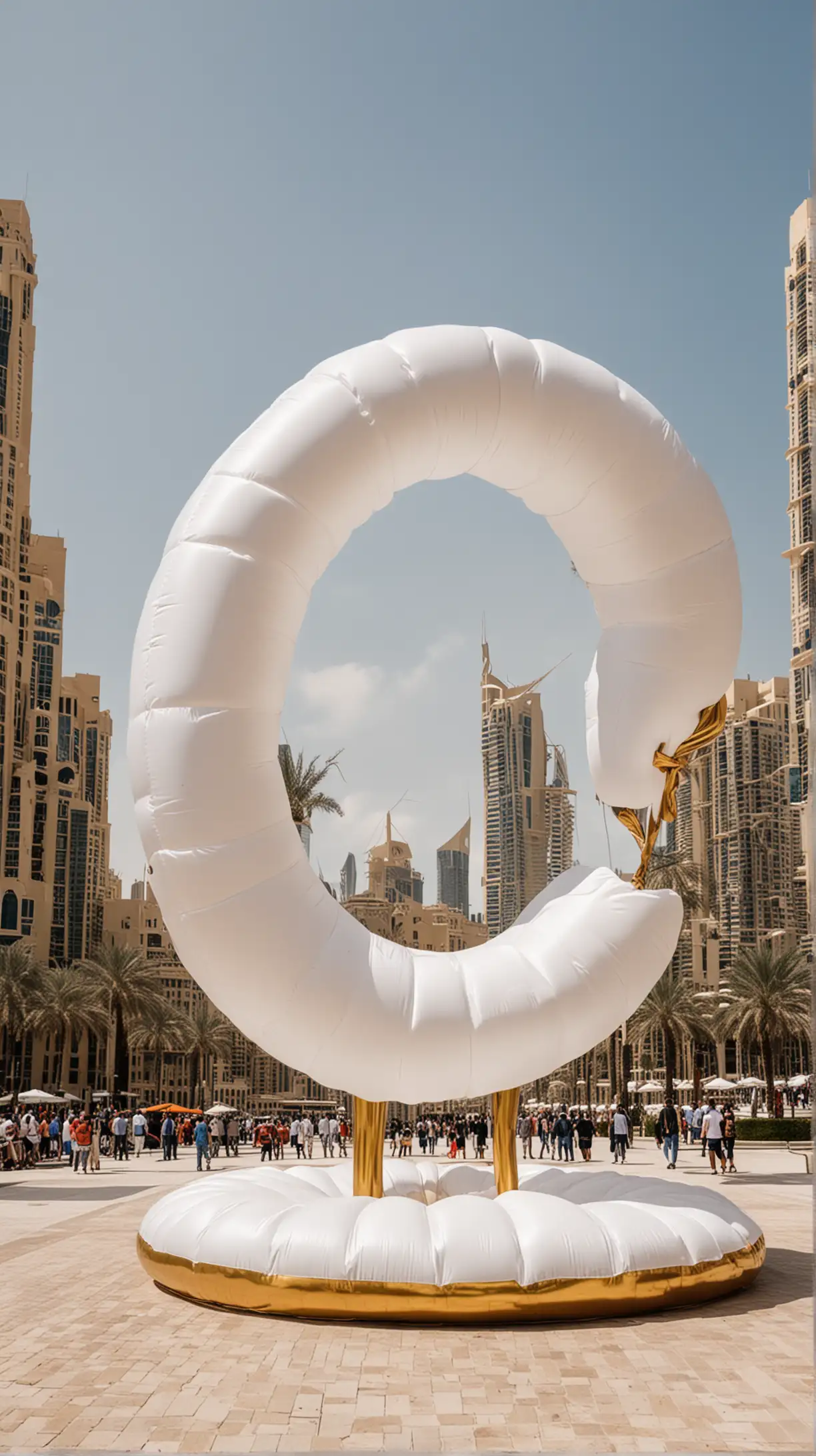Golden Inflatable Sculpture in Dubais Center with White Clouds