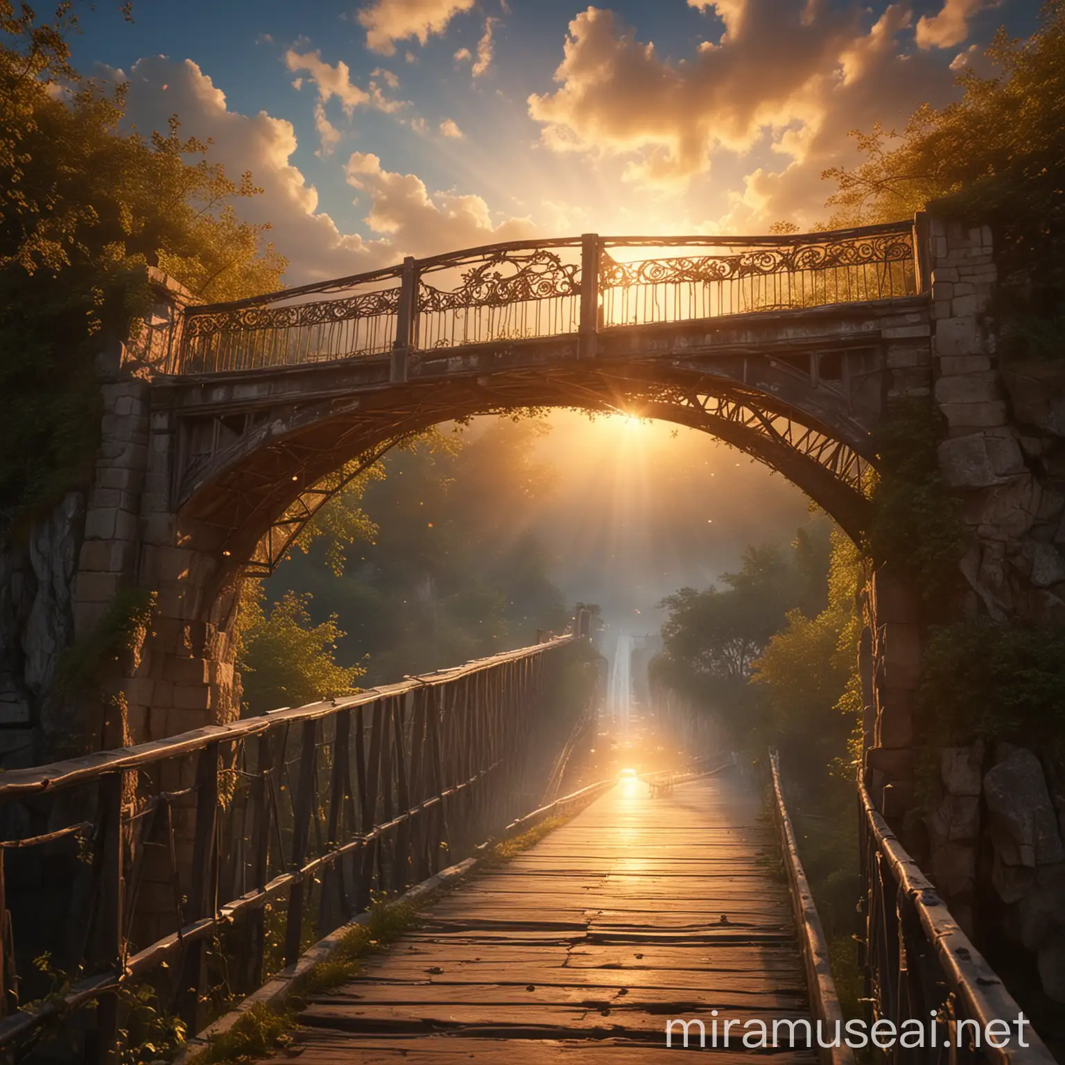 Mysterious Figure on Heavenly Bridge in Warm Light