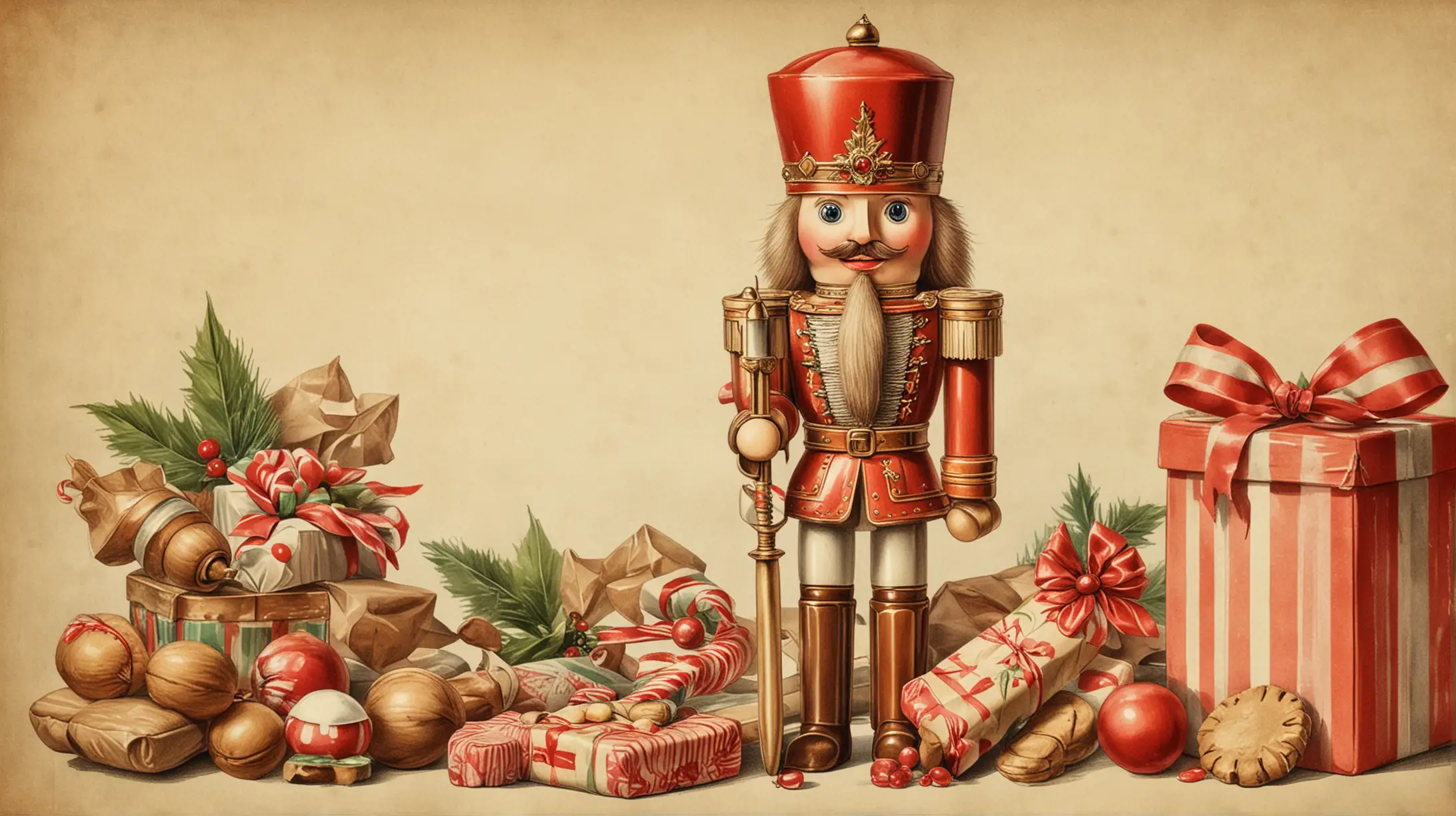 Vintage Christmas Nutcracker with Sweets and Gifts Illustration
