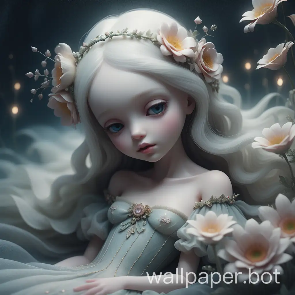 Close-up. For how many years love has been sleeping in me. Love was hidden in the depths, waiting shrouded in a dreamy backdrop with a milky mist enveloping a beautiful floral landscape. the edges of the composition are brightly lit to highlight the enchantment, sparkling mini lights bringing the magical scene to life, Nicoletta Ceccoli style, intricate details, octane rendering, clarity, sharpness, realism, 32k, cinematic, play of light and shadow, ultra-high detail, Artstation, perfect centered composition