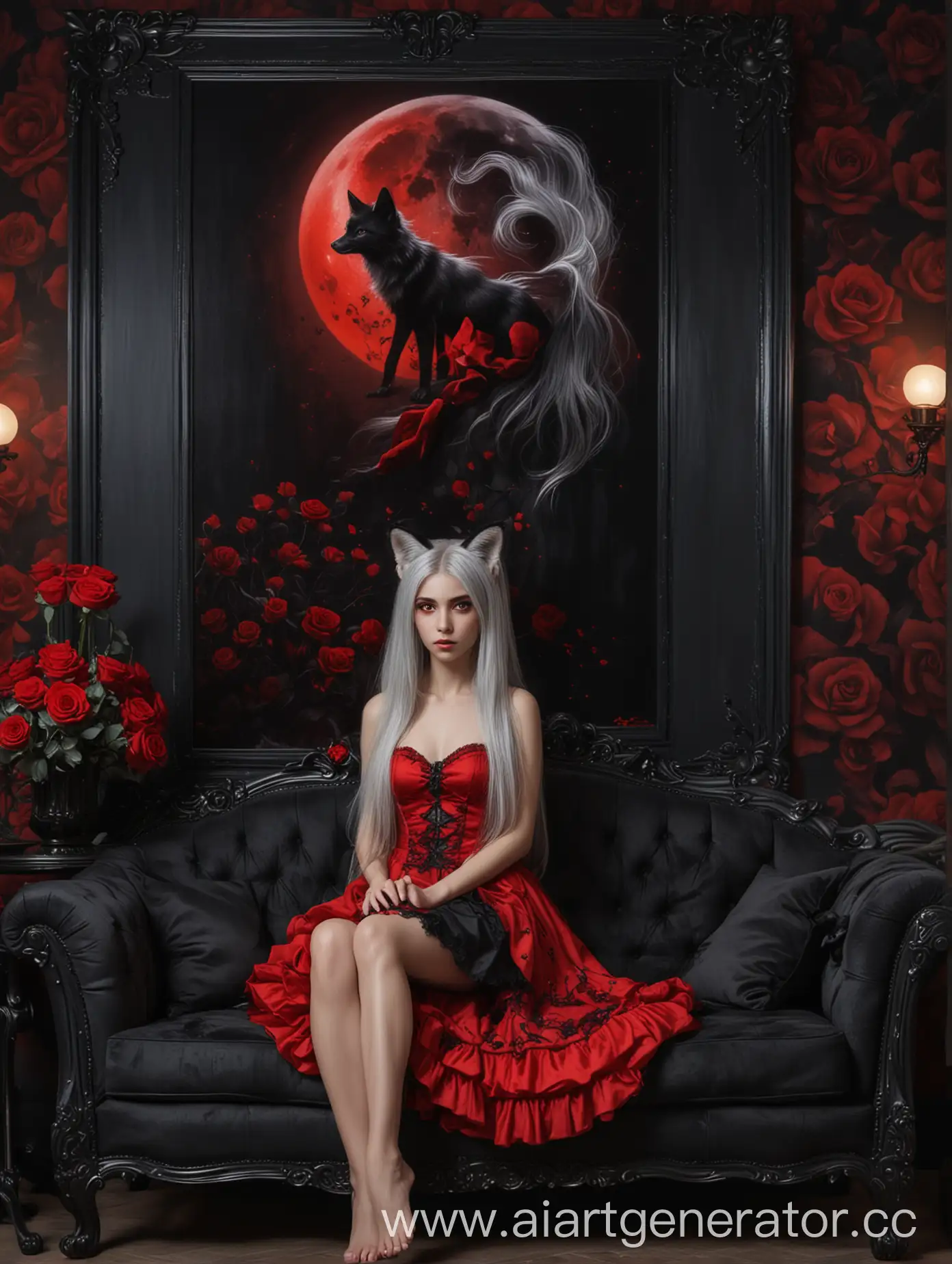 A girl with long gray hair, red eyes, fox-like black ears, in a black and red dress with black roses, a girl is sitting on a luxurious black sofa against the background of a painting with a black frame in the painting a bright red moon