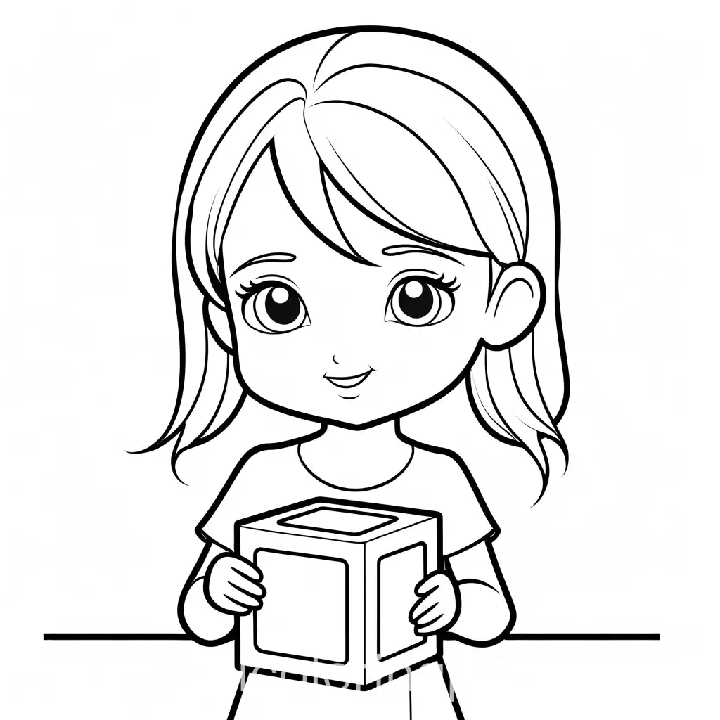 Little girl holding a small cube in her hands, Coloring Page, black and white, line art, white background, Simplicity, Ample White Space. The background of the coloring page is plain white to make it easy for young children to color within the lines. The outlines of all the subjects are easy to distinguish, making it simple for kids to color without too much difficulty