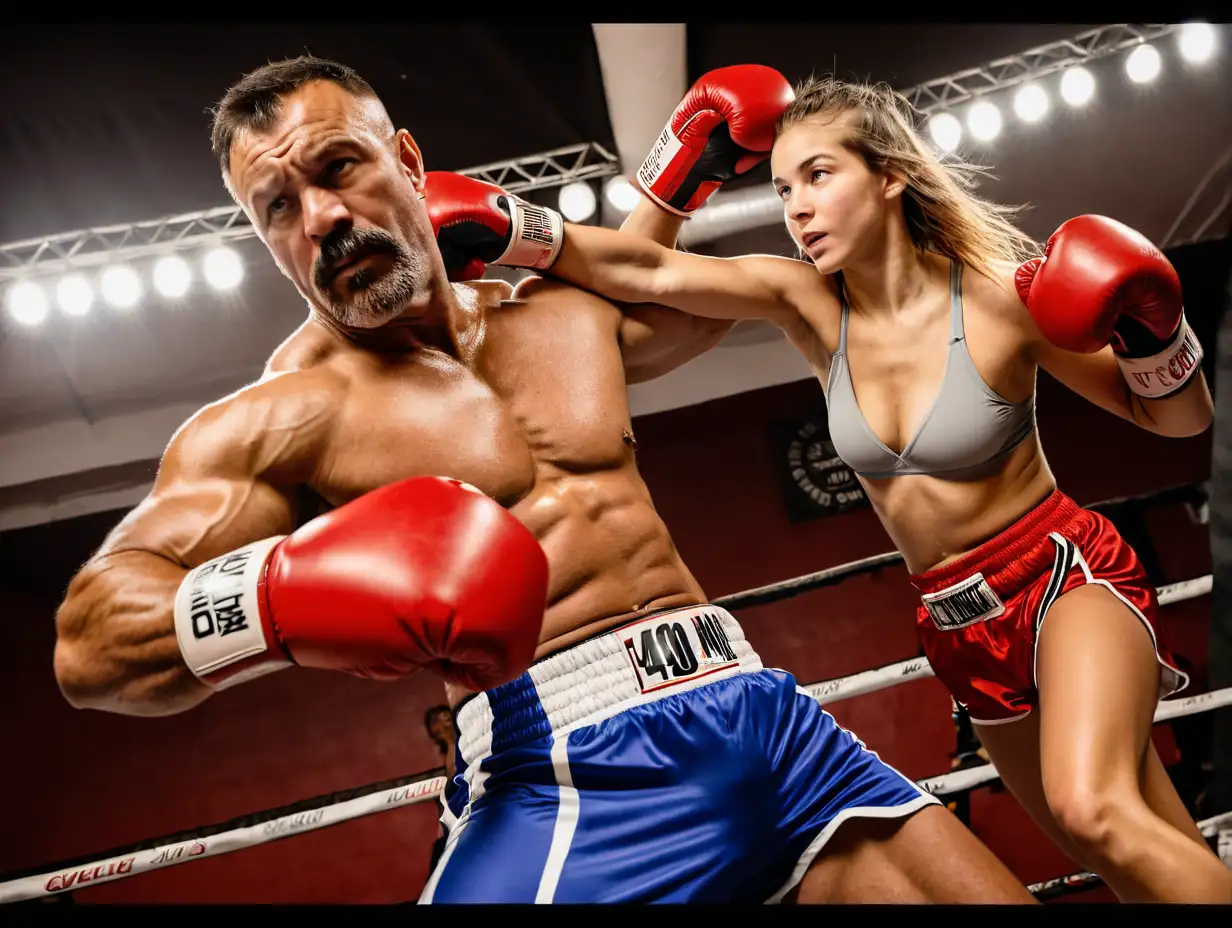 A 14 years old teen girl is punching a 40 years old strong man.