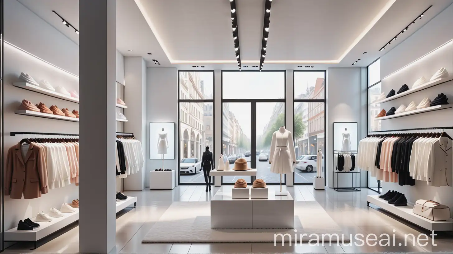  The image shows an interior view of a clothing store with a modern design, featuring a large window display showcasing white clothing and accessories, hyper realistic 3D, 4K
