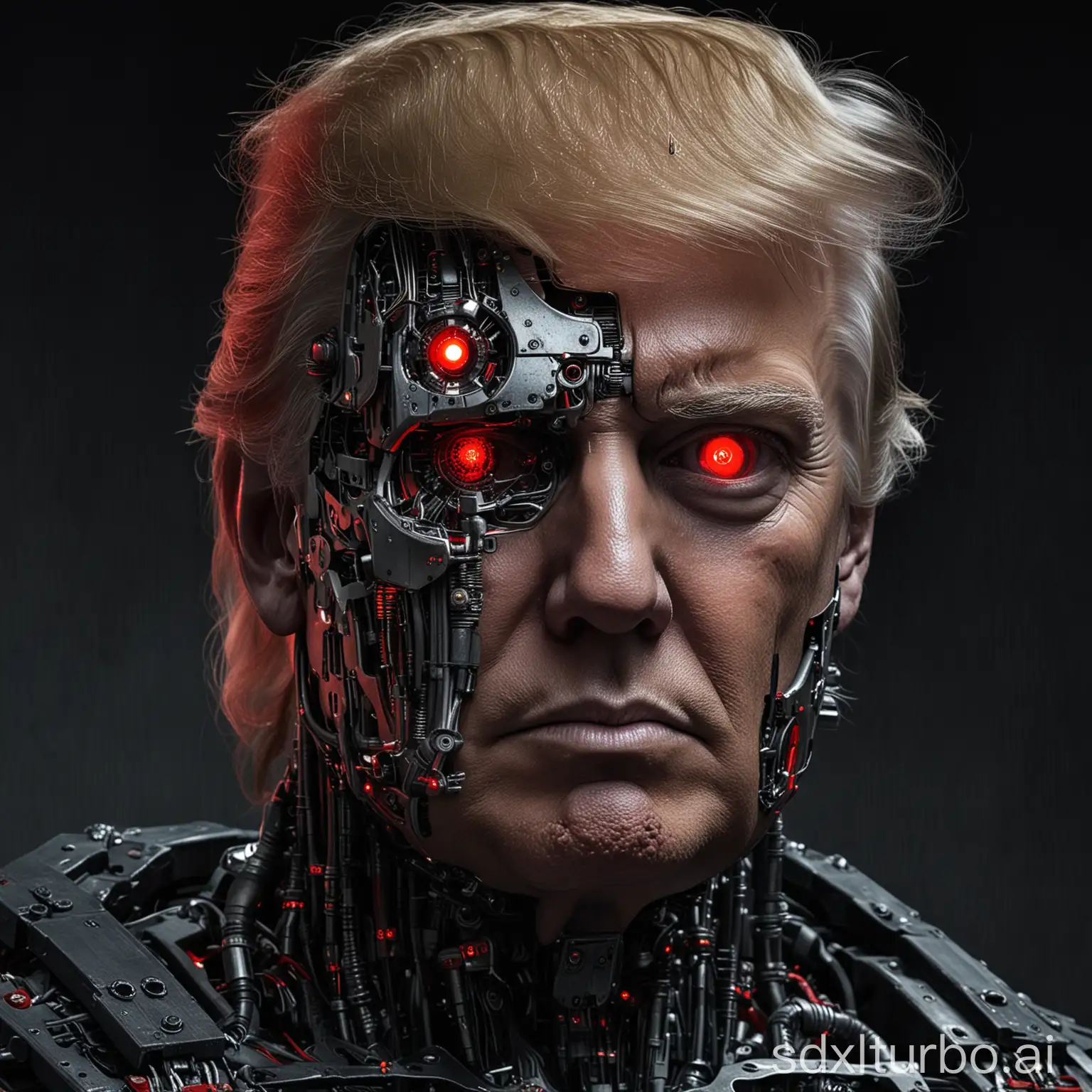 A digitally altered portrait of  Donald Trump's. The left side of his face appears normal, showing his human features, while the right side reveals a Terminator-like robot, with exposed mechanical parts, circuits, and a glowing red eye. The background is black, which accentuates the contrast between the human and robotic halves of his face.
