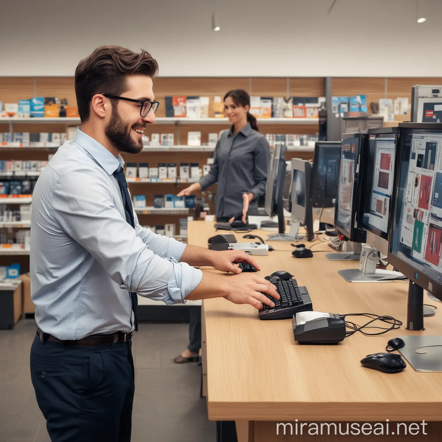Computer Store Salesman Assisting Customer with Accessories