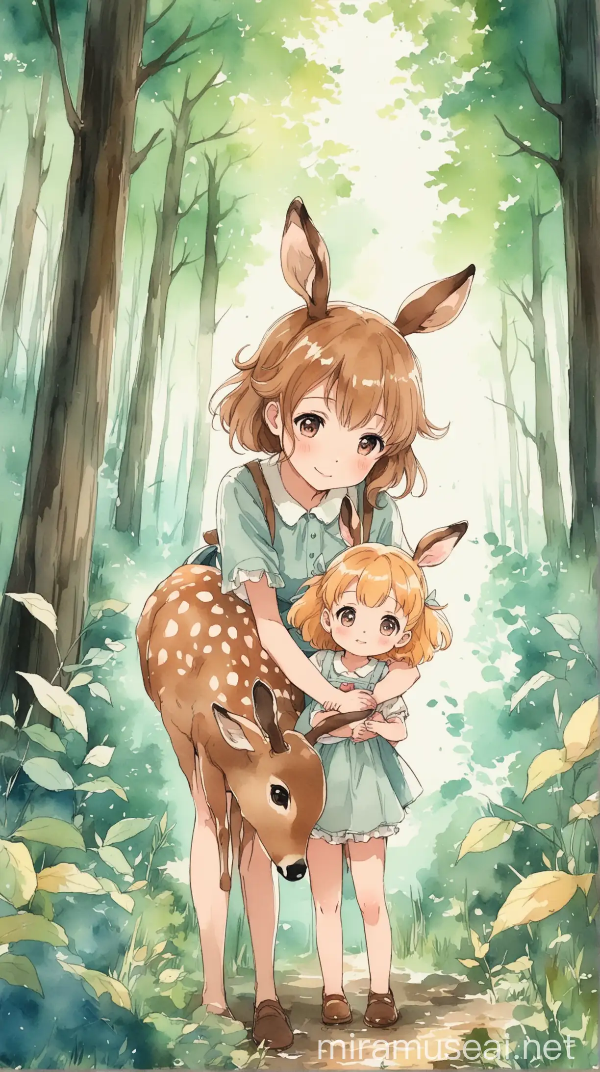 Whimsical Anime Watercolor Painting Adorable Deer and Fawn Amidst Enchanting Forest