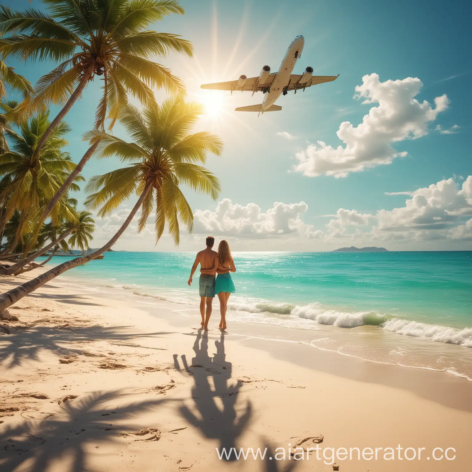 Sunny-Beach-Scene-with-Palm-Trees-and-Romantic-Couple