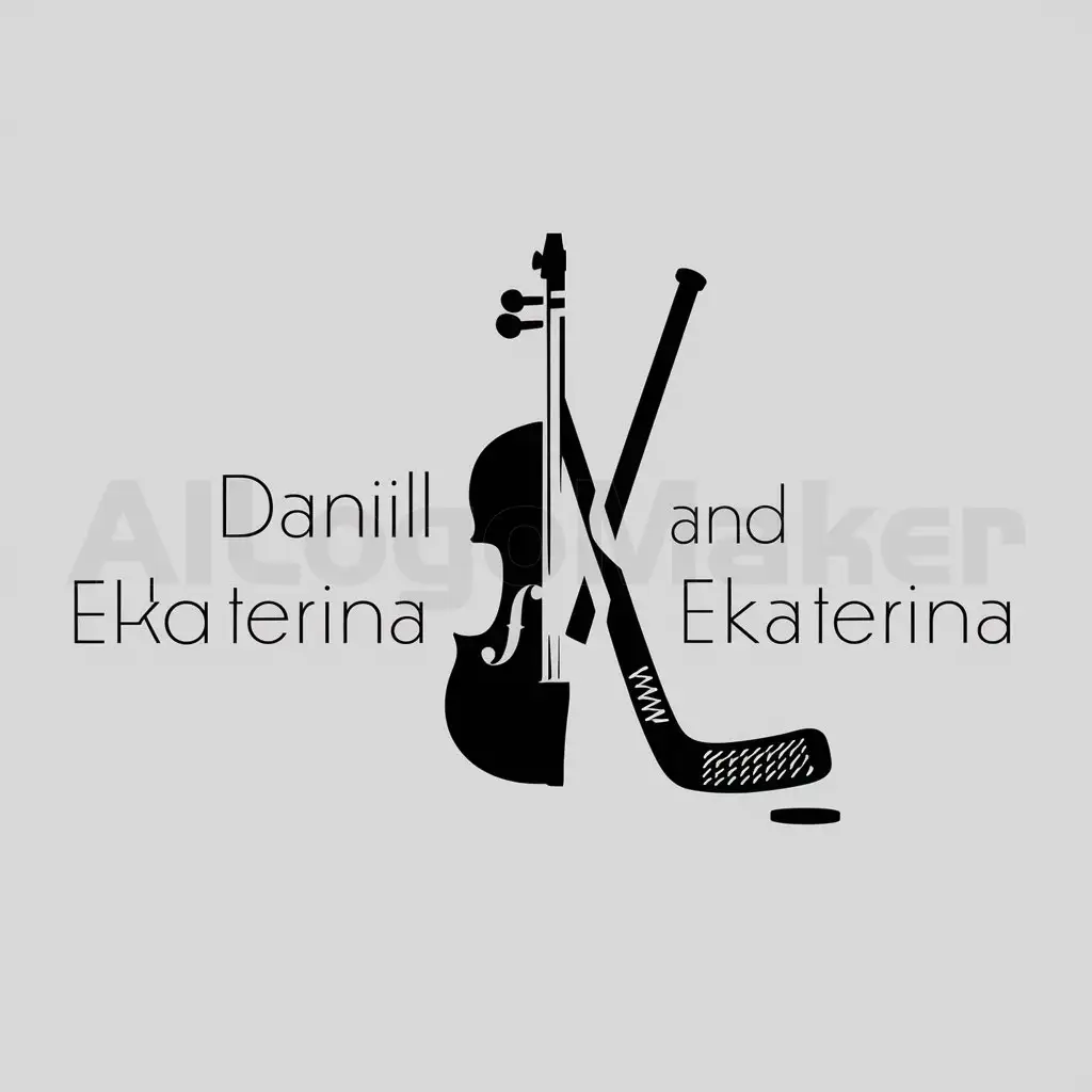 a logo design,with the text "Daniil and Ekaterina", main symbol:Create a logo for a wedding, combining elements of a violin's left half and a hockey stick with puck on the right. Keep it balanced, adding additional hockey attributes if necessary, but not overloading the image.,Minimalistic,clear background