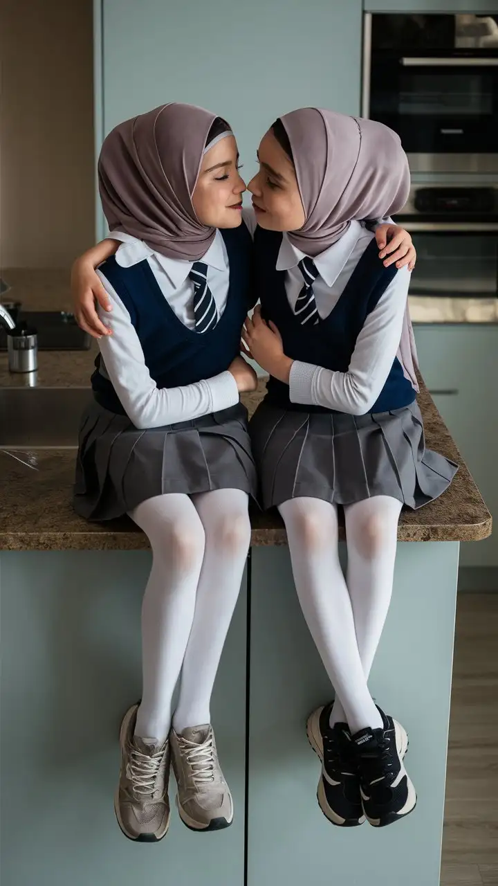 2 girl. 14 years old. They wear a modern hijab,
school skirt, tight shirts, white opaque tights
sport shoes
They are beautiful.
In kitchen. They sits on the kitchen countertrops
well-groomed, turkish, quality face, plump lips.
Bird's eye view, top view, serious face, hugs, kiss, they have slim legs