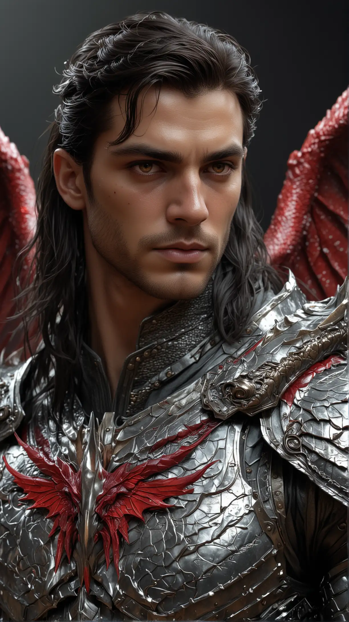 A beautiful man in transparent armour, muscular, with long dark hair and red eyes, dragon wings on his back. captivating, high-quality hyperrealism, 8K Ultra HD. Inspired by Sargent's precision, the artist captures the subtle contours of his face, the subtleties of his eyes.