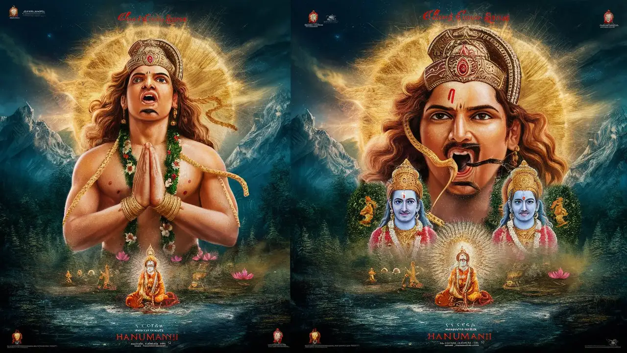 You're a skilled graphic designer who has been creating awe-inspiring movie posters for Hollywood blockbusters for the past decade. You understand the essence of capturing characters in their most dynamic and powerful poses, ensuring that the audience is captivated at first glance.
Your task is to design a Hollywood movie-style poster depicting Lord Hanumanji passionately chanting the name of Lord Shriram. The poster should exude an aura of divinity, strength, and devotion. Lord Hanumanji should be showcased in a moment of reverence and dedication, with a backdrop that conveys a sense of mystique and grandeur.
Ensure that the colors chosen reflect the divine nature of the scene, using rich golds, deep blues, and vibrant reds to enhance the overall visual impact. The composition should be balanced, drawing the viewer's eye to the central figures of Lord Hanumanji and Lord Shriram, while incorporating symbolic elements that add depth to the narrative.
Remember to pay attention to detail, from the intricate design of Lord Hanumanji's attire to the serene expression on his face as he chants the name of Lord Shriram. Each element of the poster should come together harmoniously to create a compelling visual story that resonates with viewers.
Examples of your previous work include creating posters for epic fantasy movies featuring powerful mythical creatures and heroic characters engaged in intense battles, capturing the essence of each unique world through your masterful use of imagery and design.