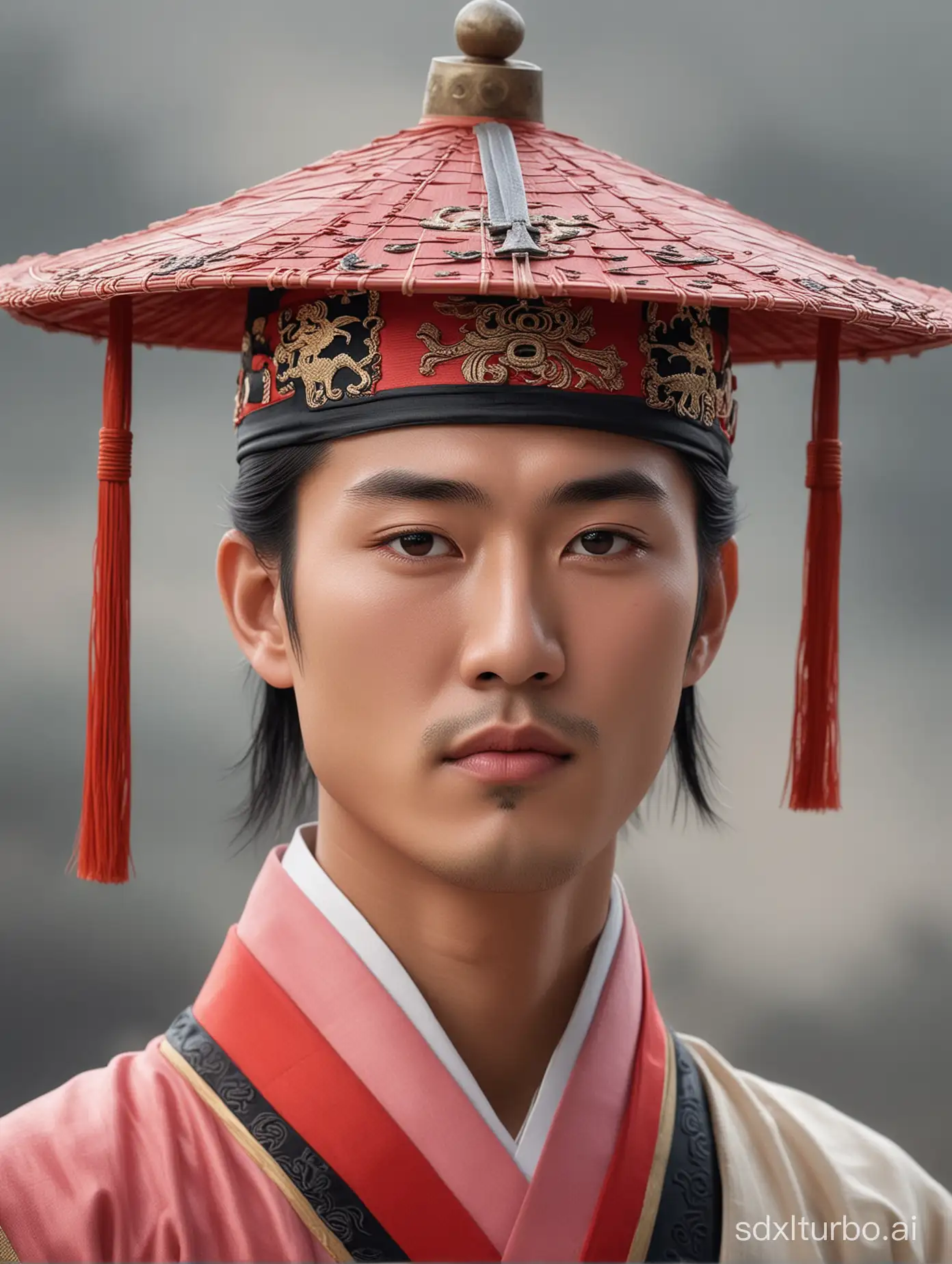 The young emperor of the Han Dynasty, Huan Rushun, is depicted in red and white with black hair, wearing an ancient Chinese official hat on his head. He looks straight ahead at the camera in a closeup shot with a blurred background and a light pink color scheme highlighting high definition details. The style of the image is reminiscent of traditional Chinese movie stills set against a gray sky