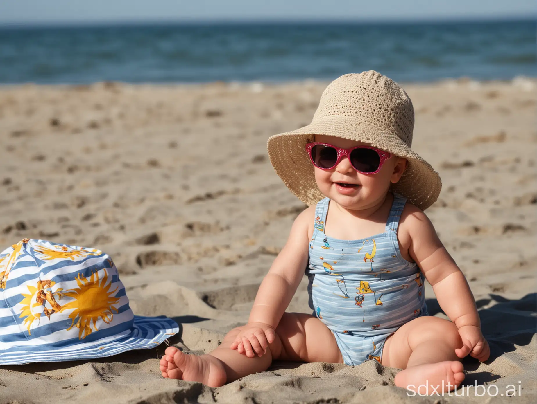 baby mit sonnenhut und sonnenbrille sitzt am strand