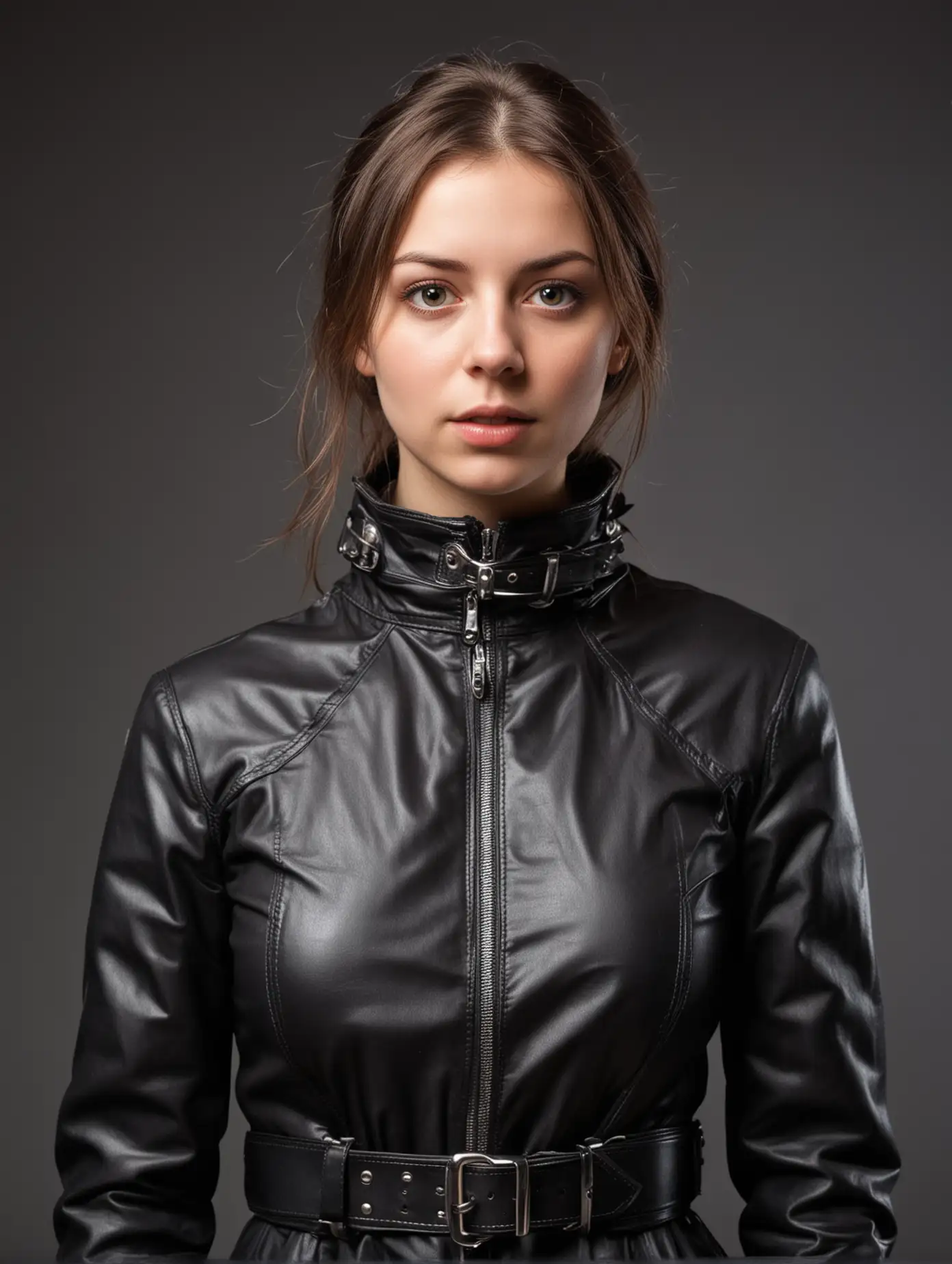 Young Woman Wearing Leather Straitjacket in Moody Interior